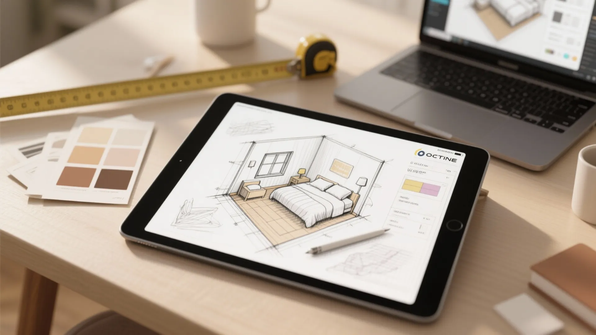 Sketches, measuring tape, and a tablet showing a 3D room planner for small-bedroom layouts.