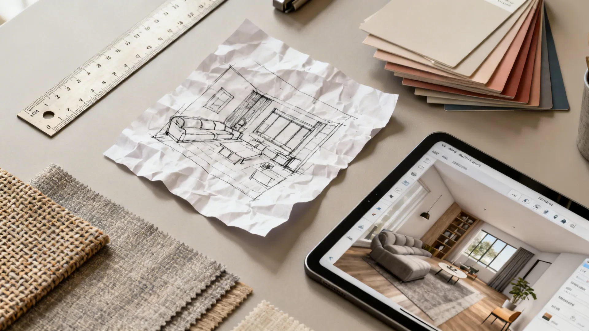 Flatlay of room sketches, fabric swatches and a tablet with a 3D room planner