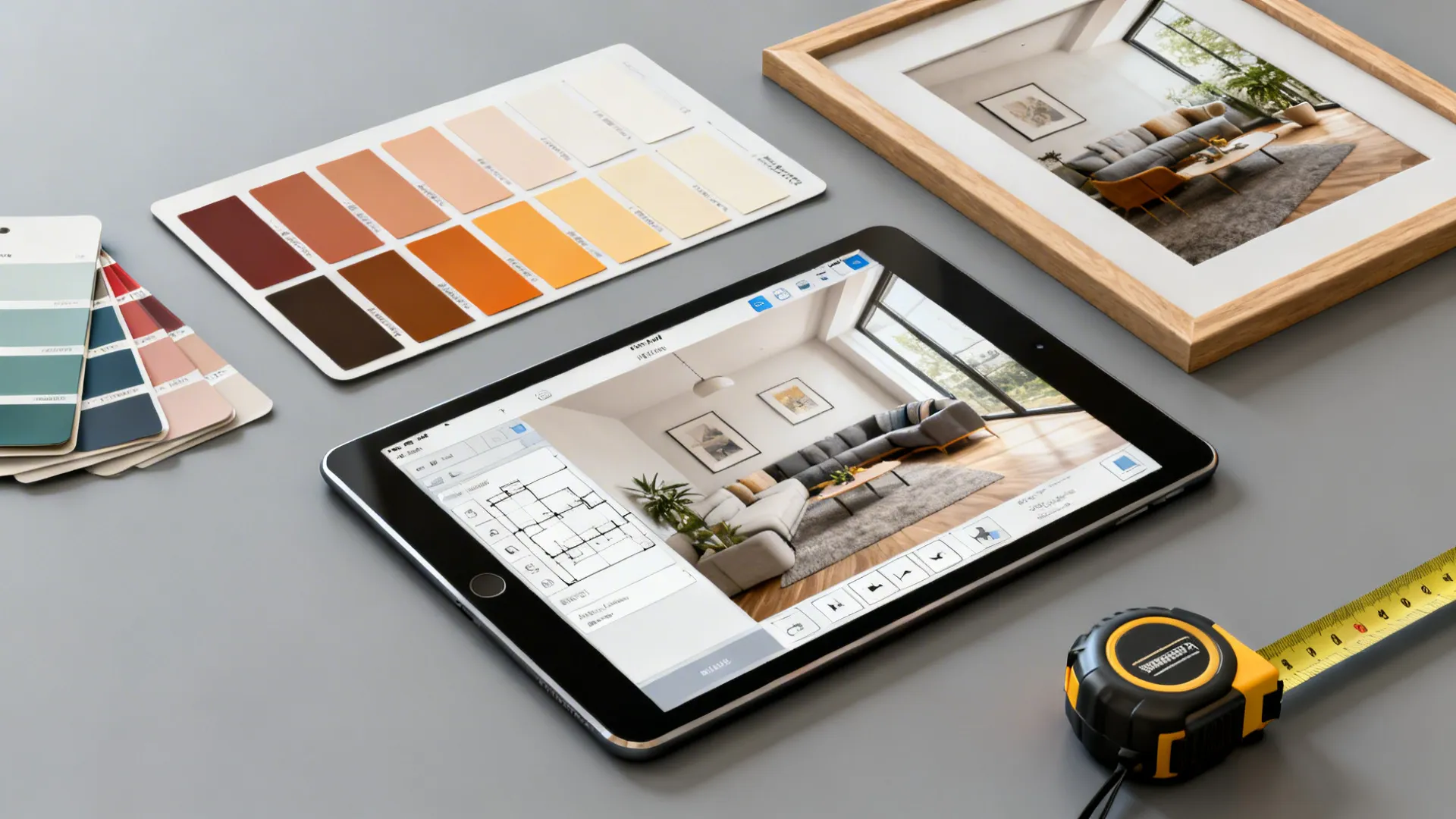 Flatlay of color swatches, mockups and a tablet showing a digital room planner on a grey surface.