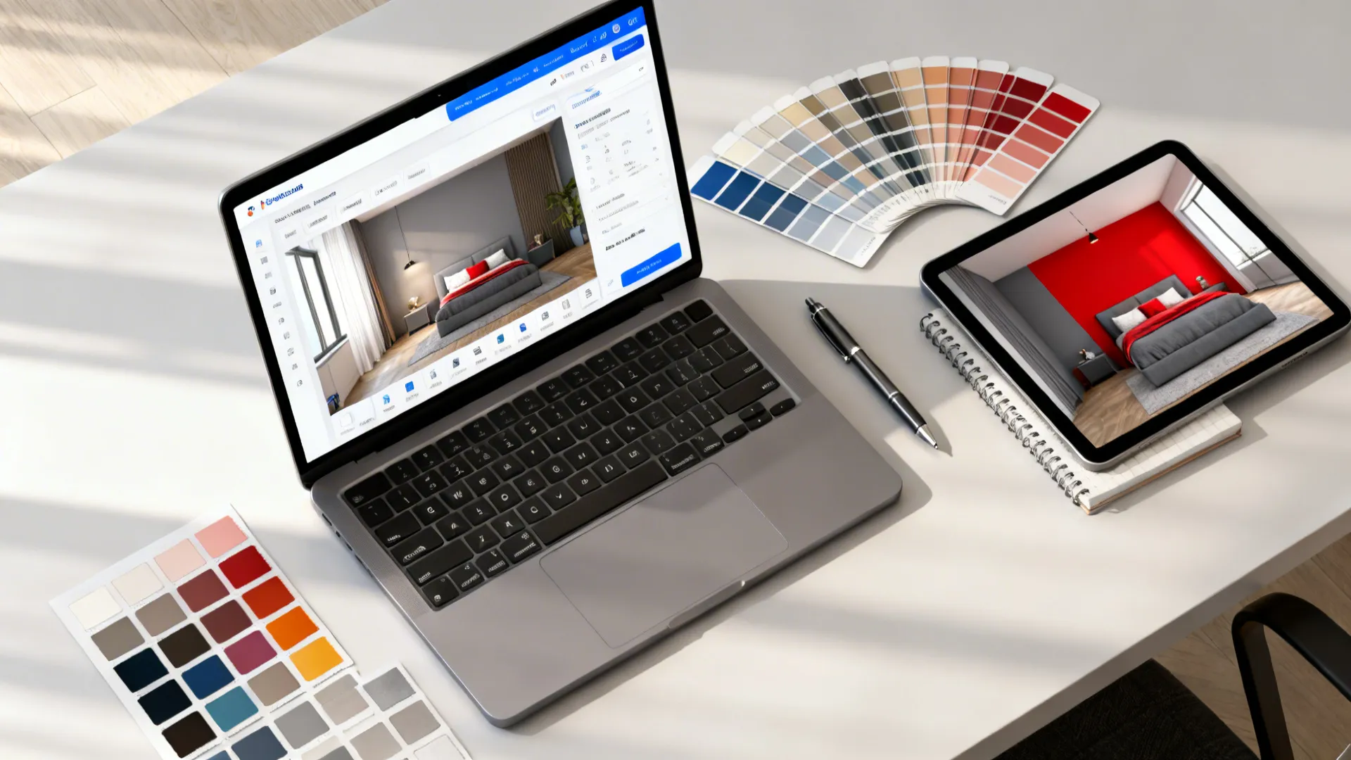 Workspace with laptop and tablet showing a 3D mockup of a red and gray bedroom and paint swatches