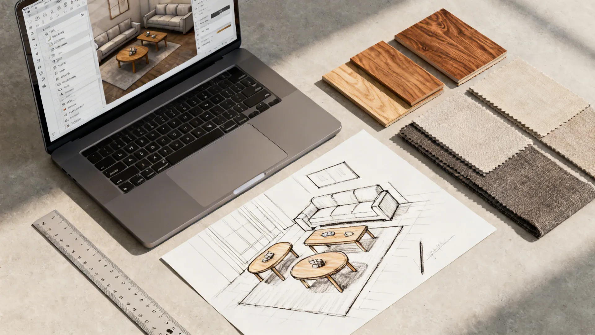 Laptop displaying Coohom design software beside living room sketch, wood samples, and various fabric materials
