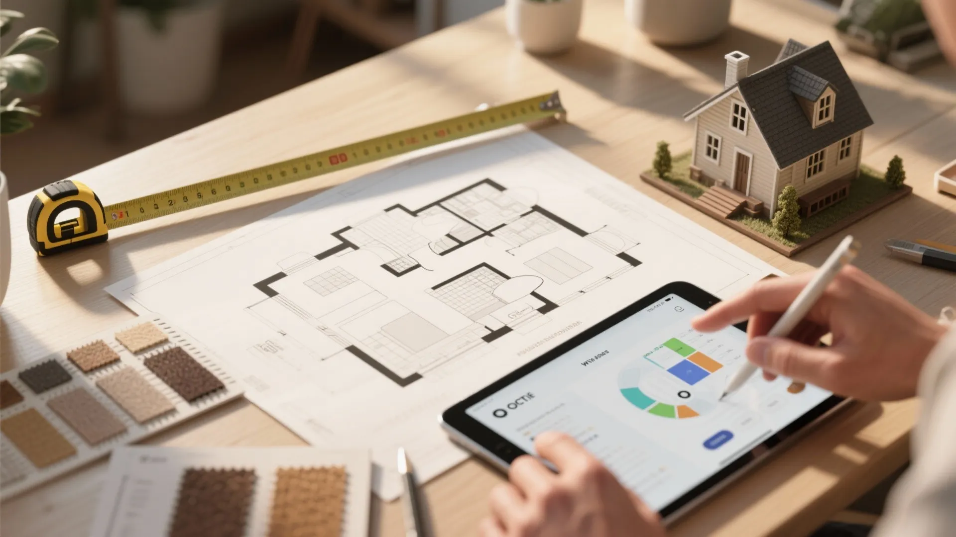 Interior design planning with floor plan paper house model tape measure and a tablet for colors