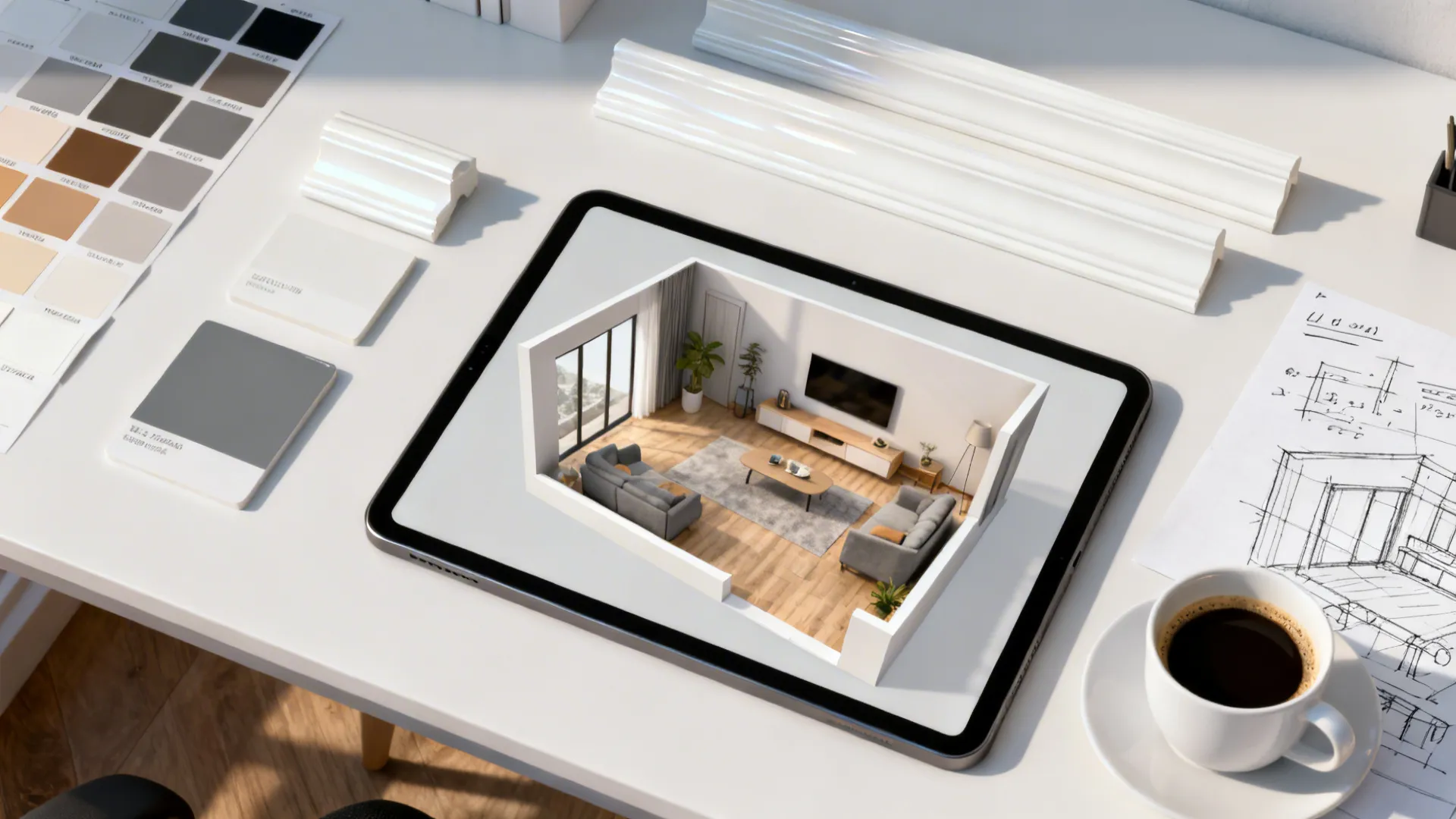 Top-down designer desk with 3D floor planner, paint swatches and samples.