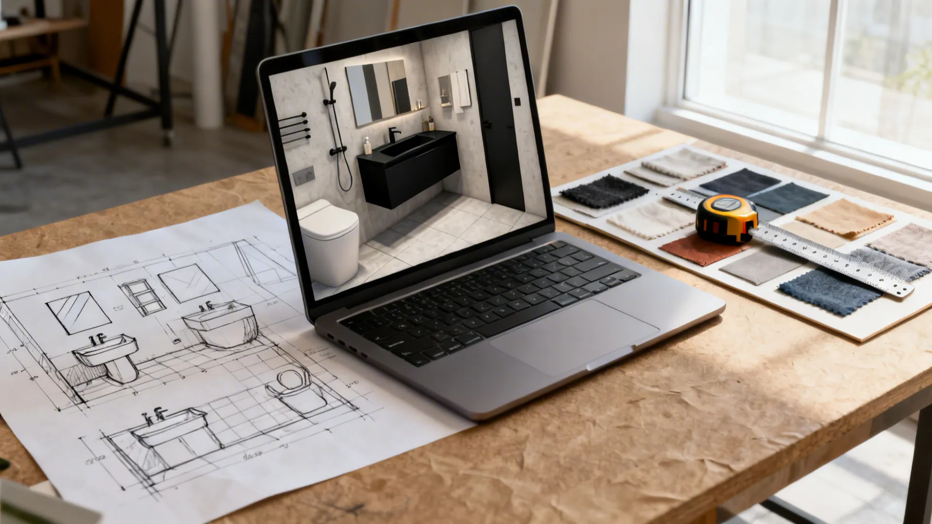 Designer desk with hand sketches and a laptop showing a 3D floor planner of a small bathroom layout.