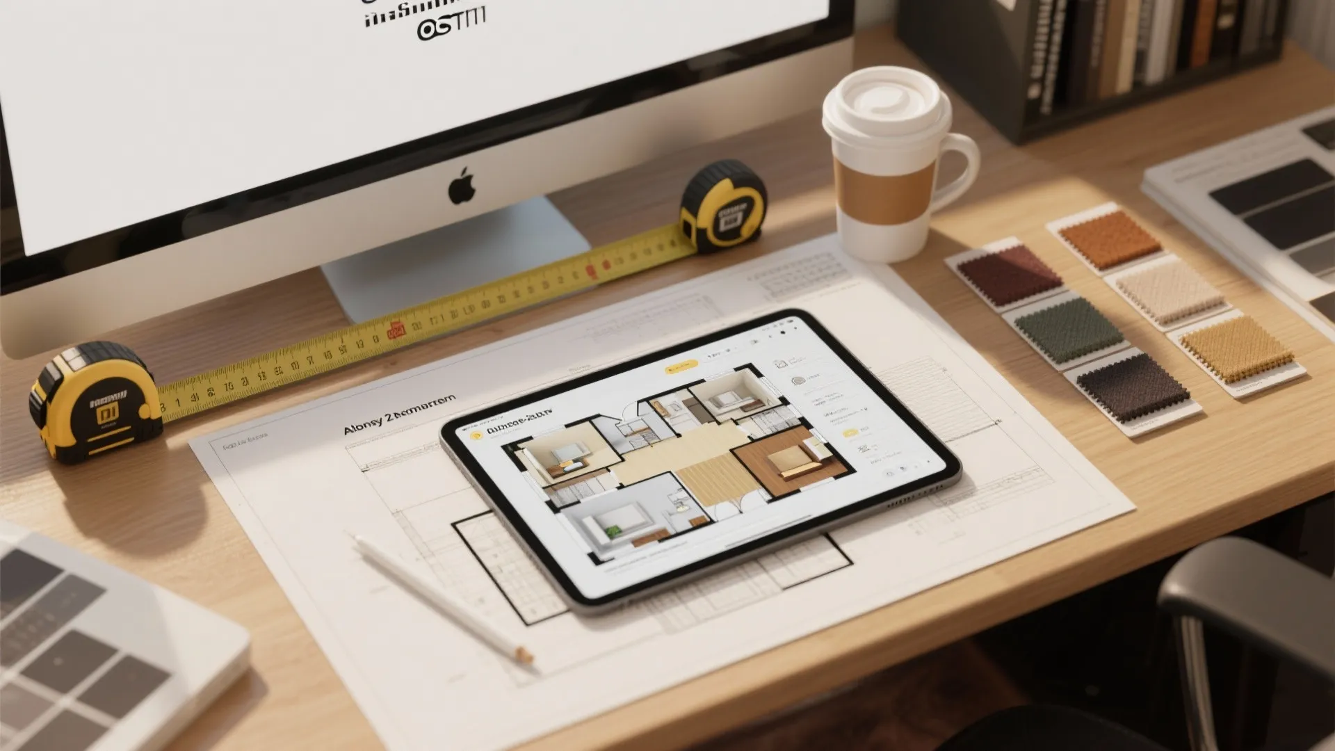 Designer desk with floor plans and a tablet showing a 3D planner for Albany apartment remodel planning.