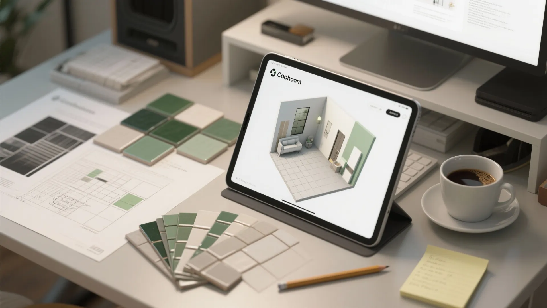 Tablet showing Coohom interior design drawing with color samples and coffee on a white desk