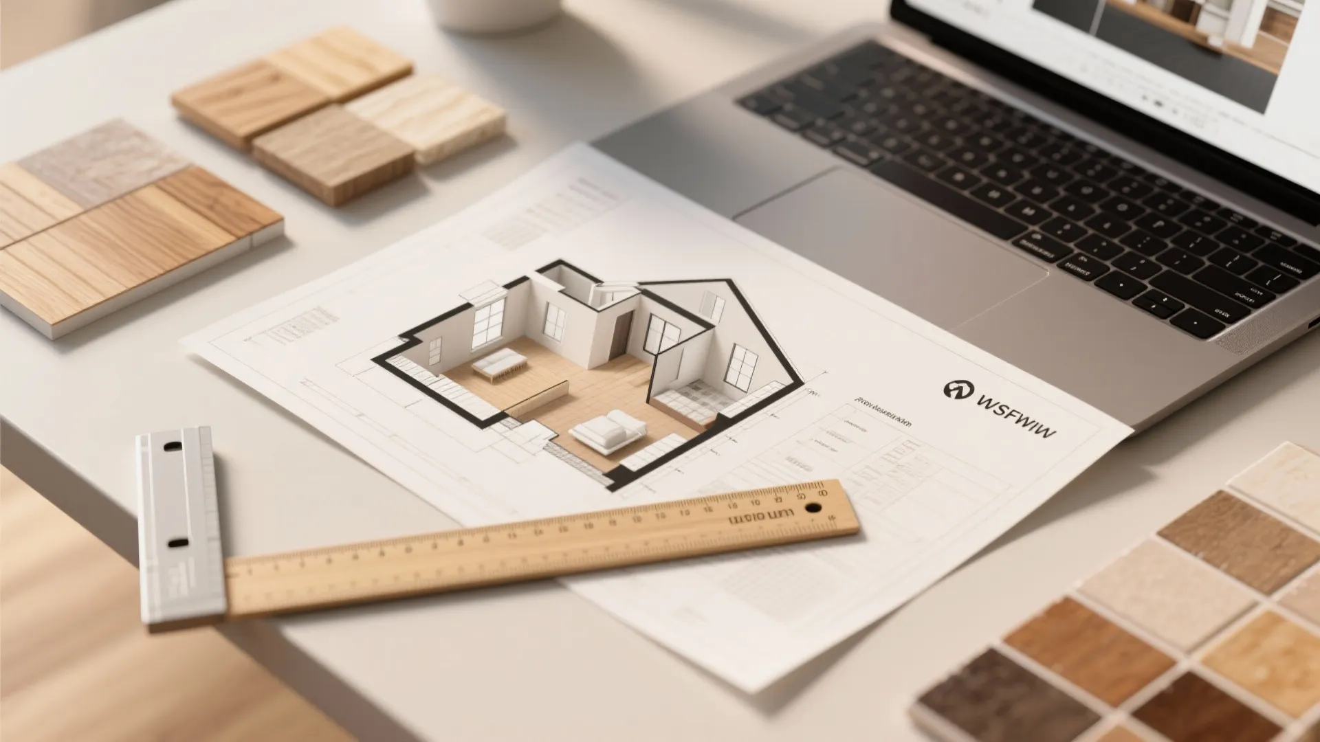 Flatlay of floor plan, laptop with 3D planner, measuring tools and material swatches for small-home design.