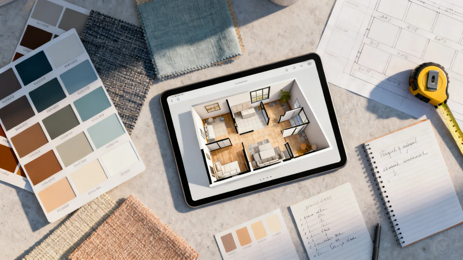 Top-down flatlay of paint swatches, textile samples and a tablet with a 3D floor planner
