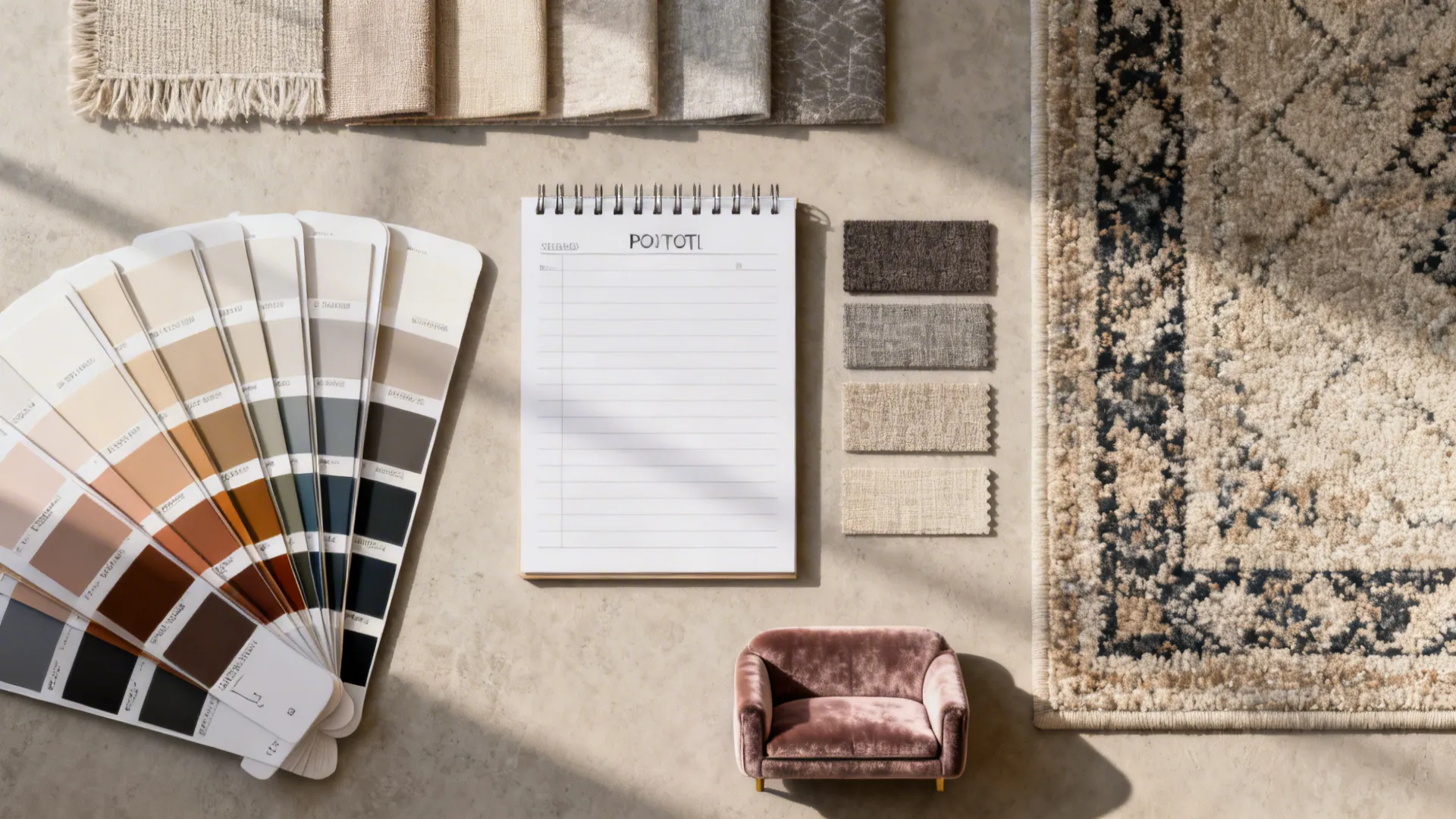 Top-down flatlay of paint and textile samples with a budget notepad for planning a purple-and-black scheme.