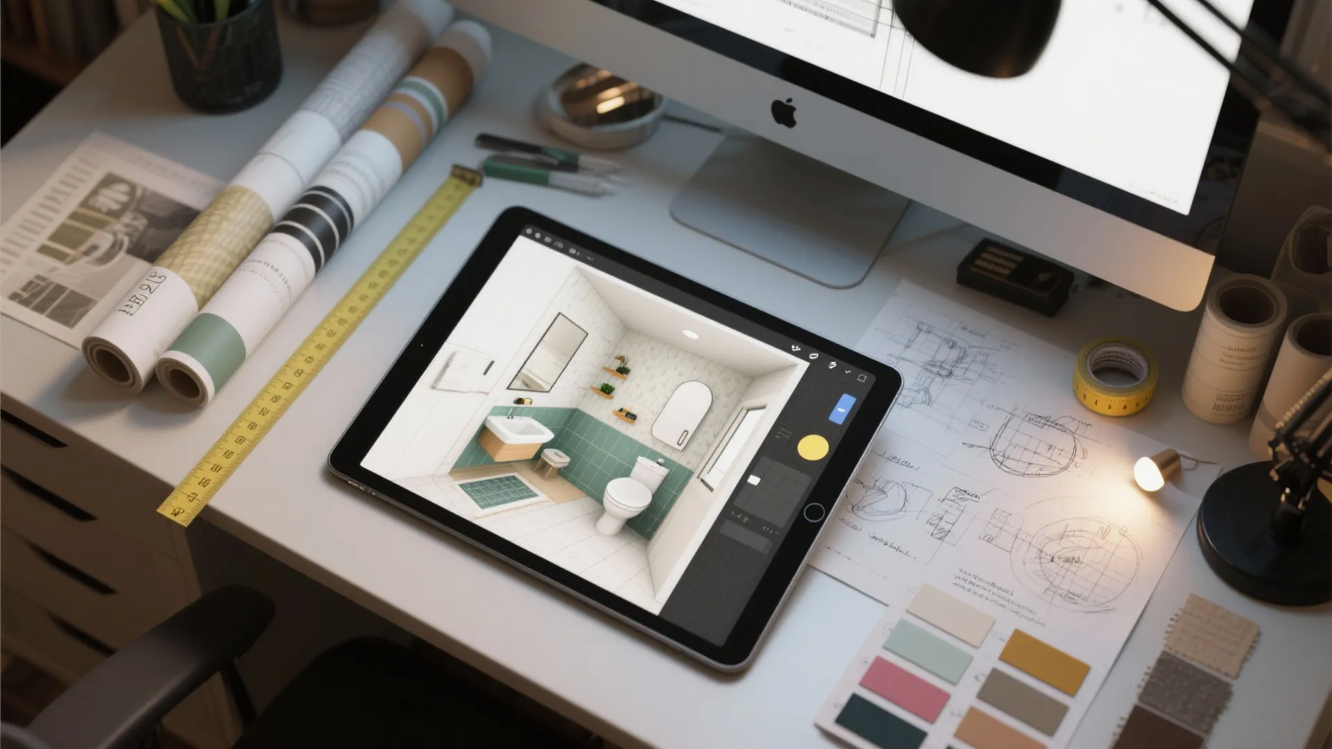Interior design drawing on a tablet showing a green bathroom layout with white floor tile