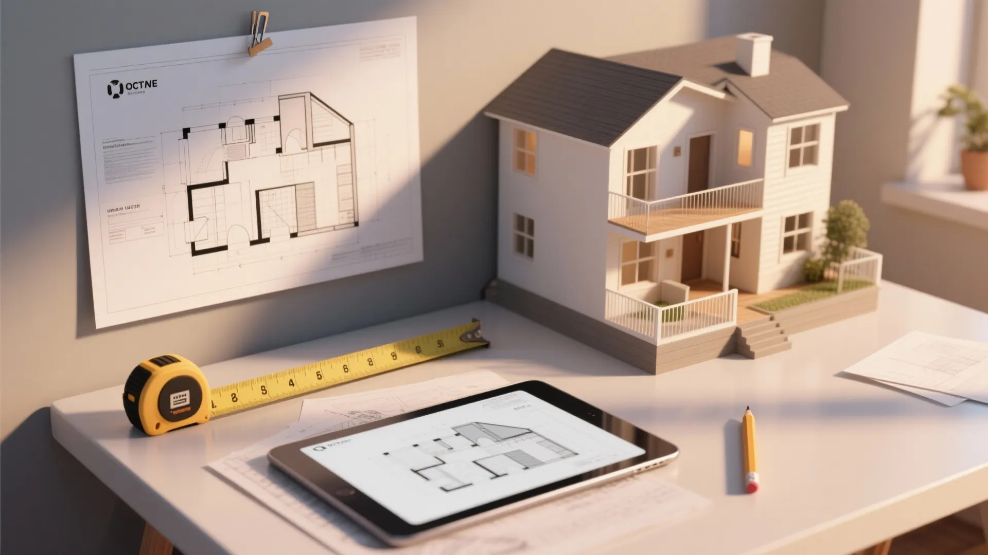 Desk with house model measuring tape tablet displaying floor plan pencil and paper room layout design