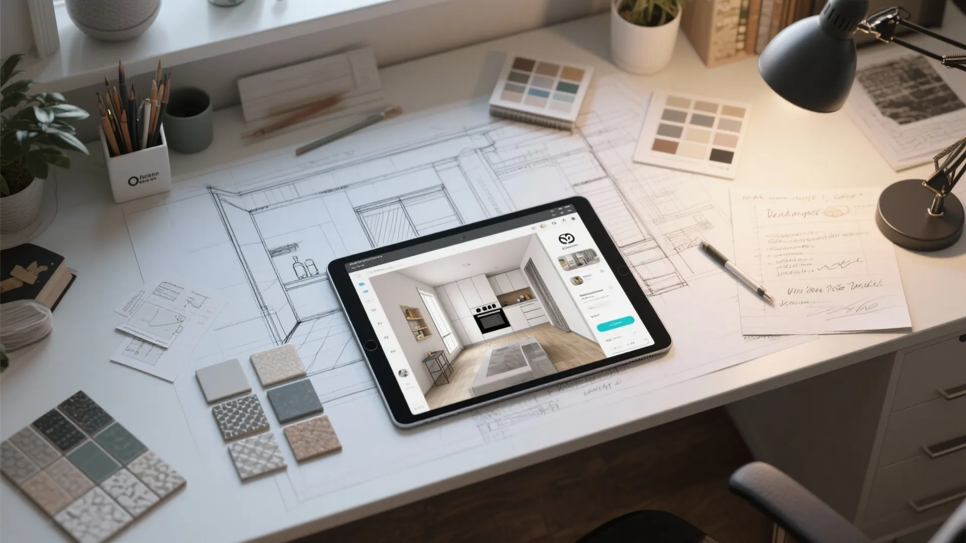 Top-down shot of a designer desk with kitchen sketches, 3D planner on tablet, and tile samples.