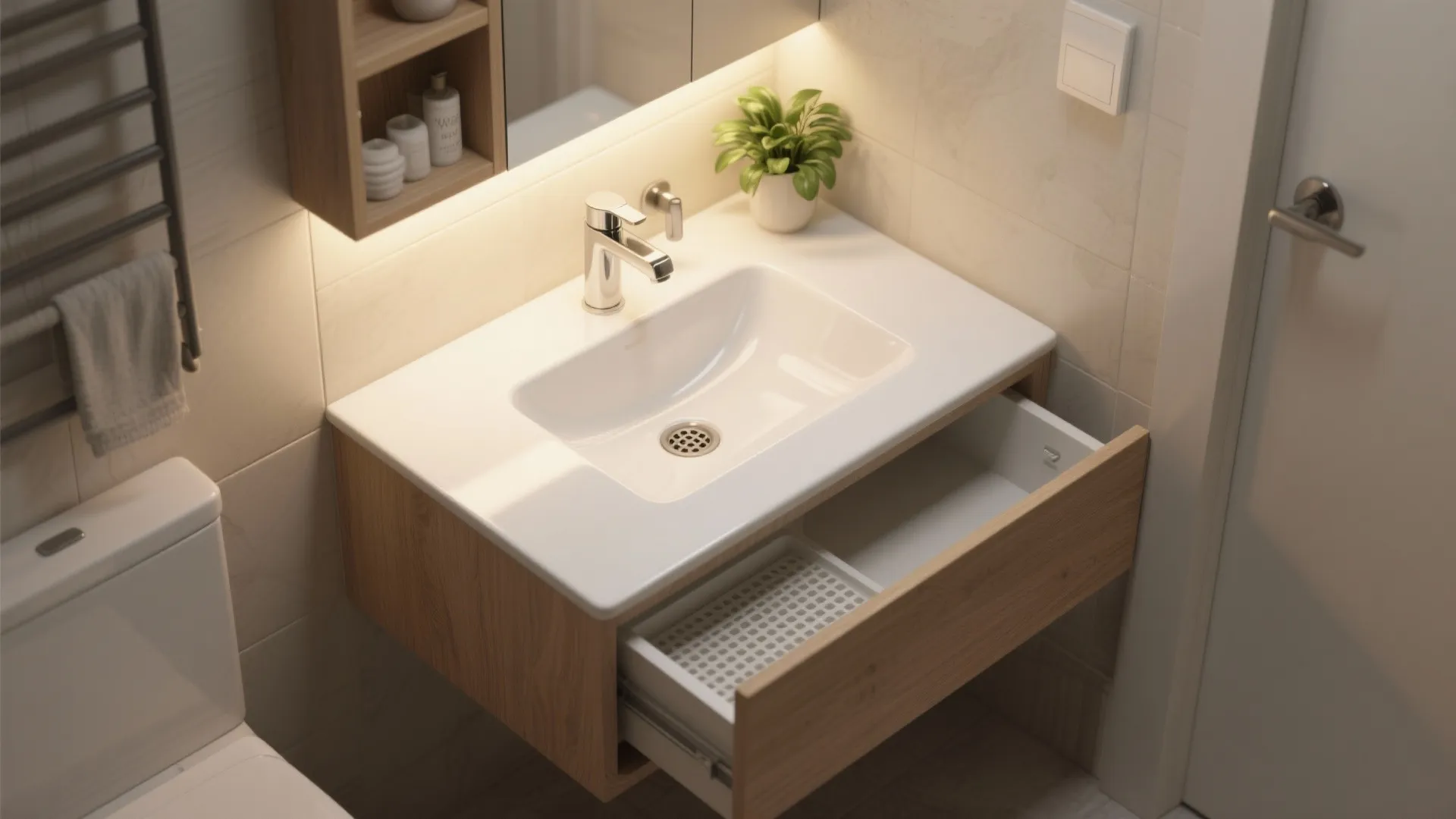 Modern bathroom sink with an open wooden drawer showing a storage tray and a small plant
