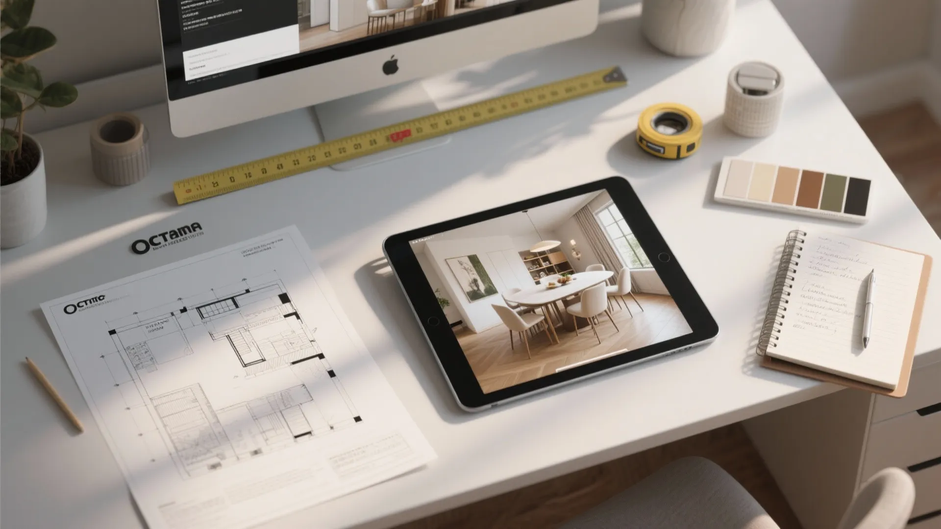 Designer desk with tablet showing room render paper floor plan color palette and professional measuring tools