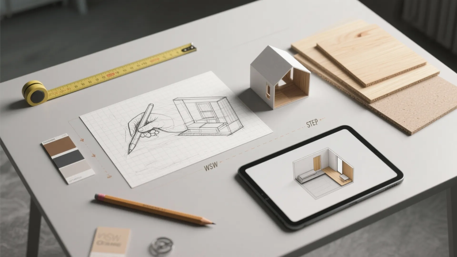 Interior design drawing on paper beside tablet showing 3D room layout and several wood samples
