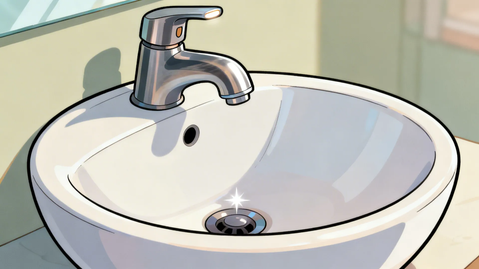 Macro of a cartoon sink rim and gooseneck faucet highlights illustrating clear silhouettes and textures.