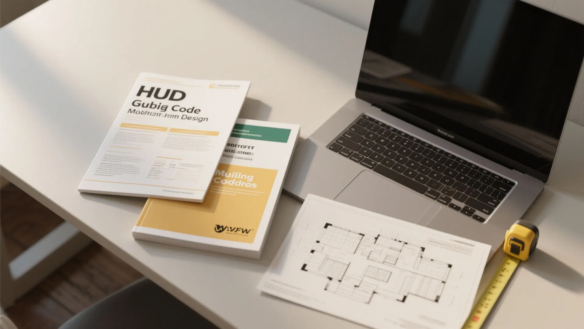 Interior design workspace with laptop, books, floor plan drawing, and yellow measuring tape on desk