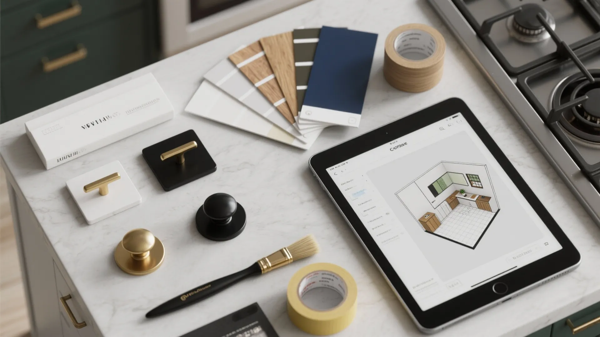 Interior design planning flat lay with color swatches hardware samples paint brush and tablet screen