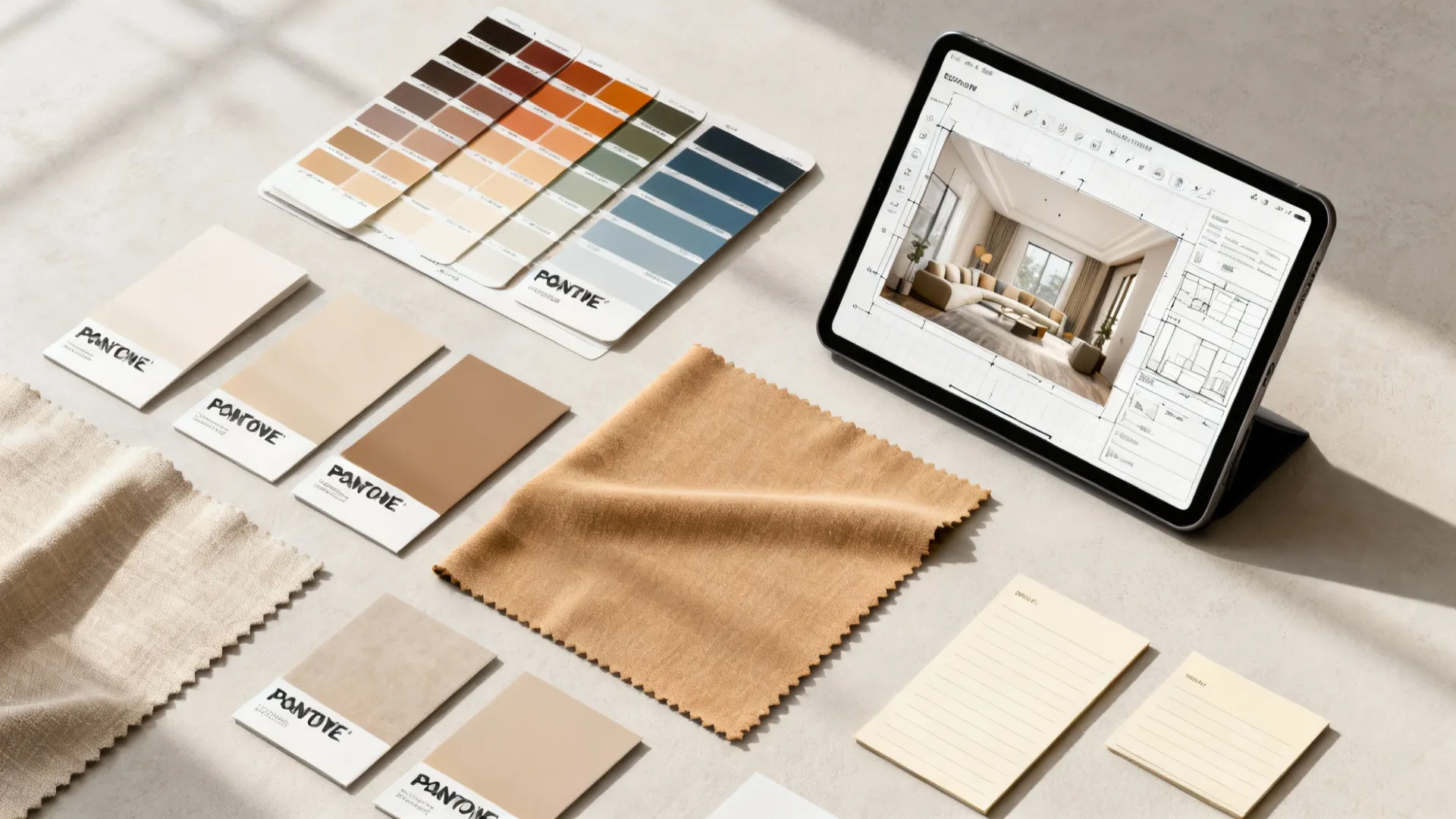 Flatlay of Pantone swatches, room planner on tablet and tan fabric sample