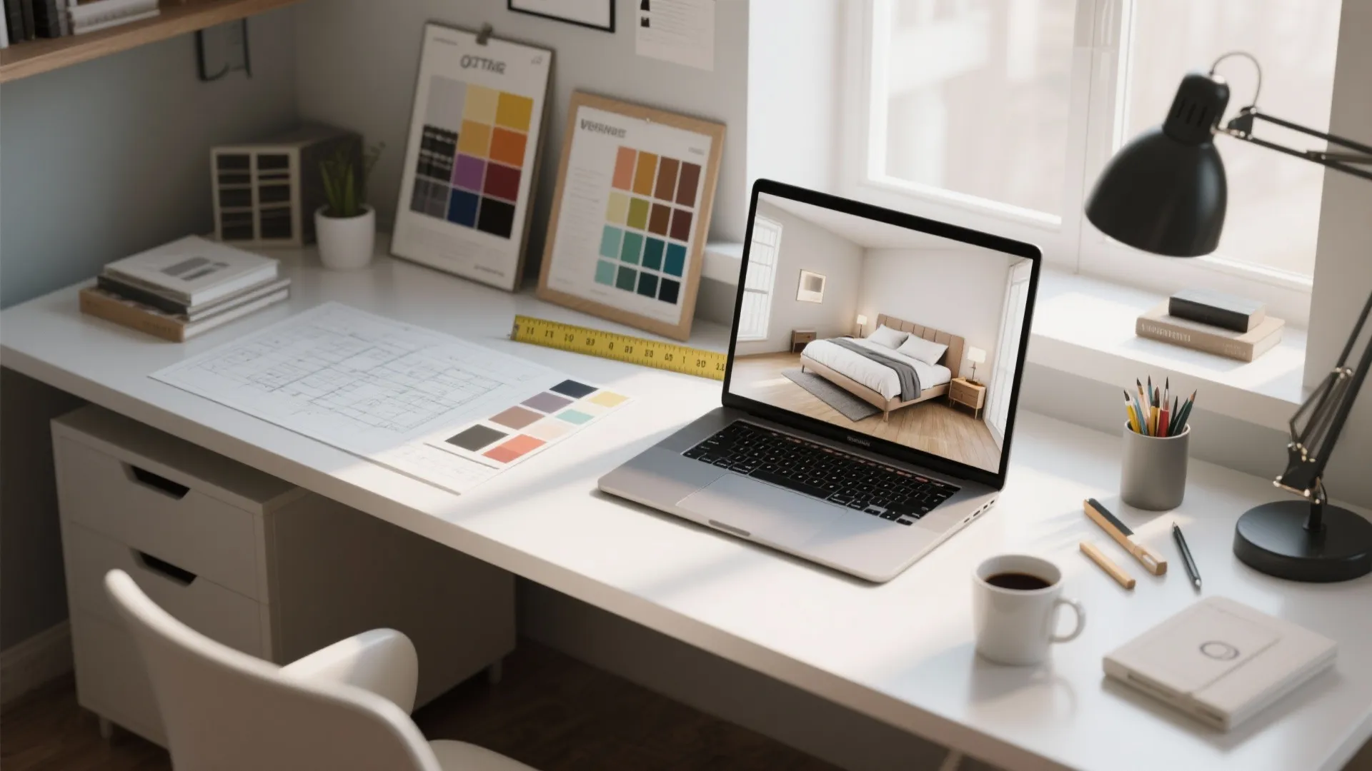 Interior design workspace with laptop showing bedroom rendering color samples floor plans and desk lamp