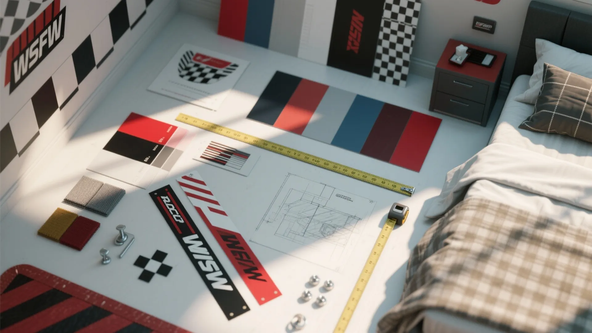 Flatlay of paint swatches, vinyl decal samples, fabrics, and a simple floor plan for a race bedroom.