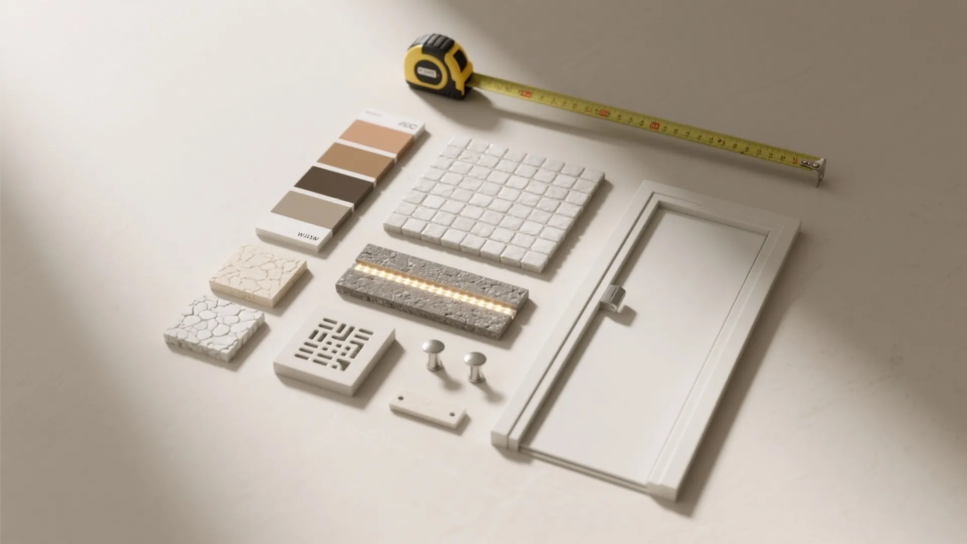 Interior design materials including color samples tiles small cabinet door and yellow measuring tape tool