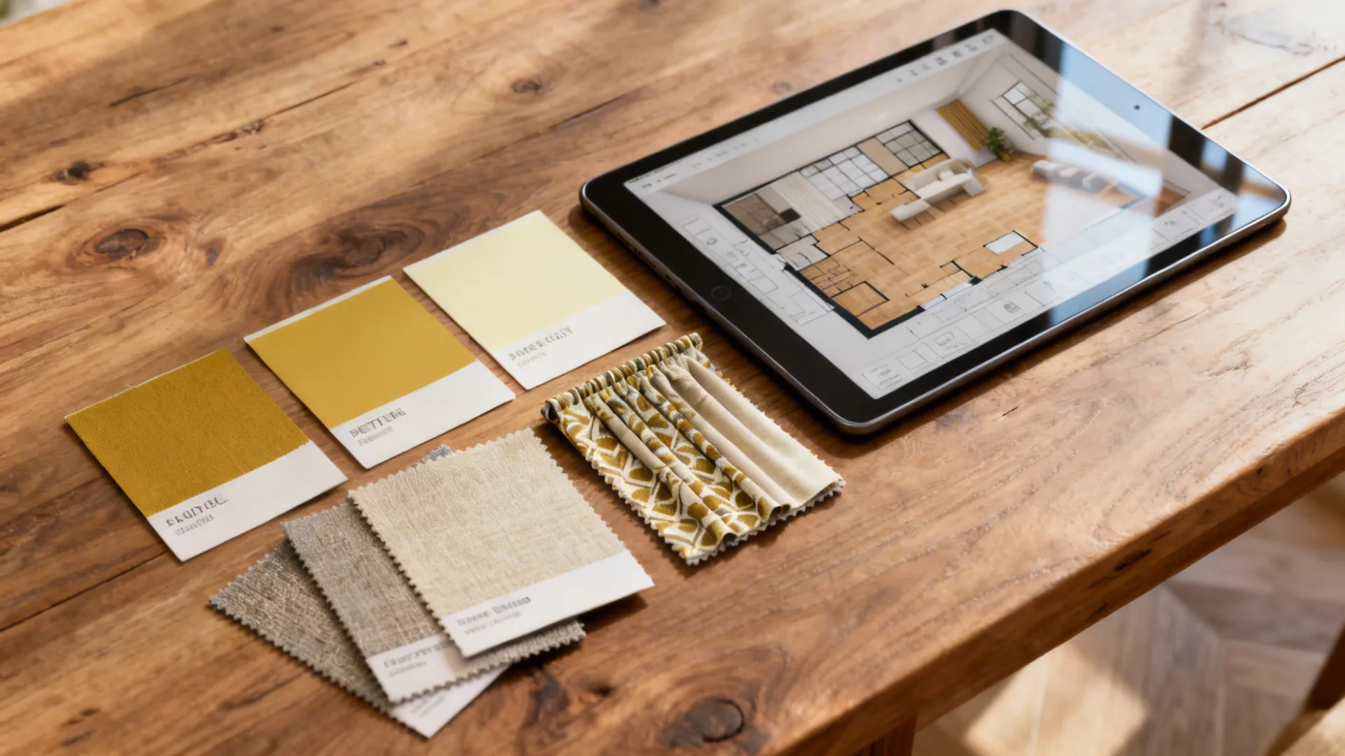 Paint and fabric samples with a tablet showing a 3D floor planner for testing yellow choices.