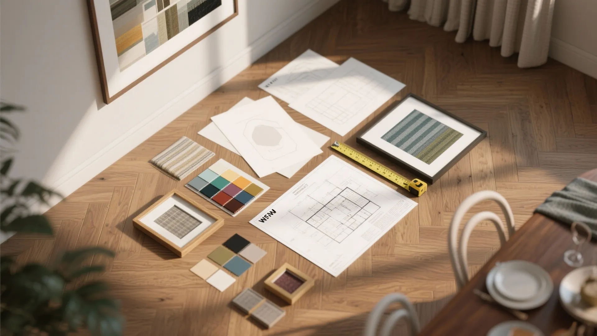 Flatlay of paper templates, swatches and frame samples for planning dining wall art placement.