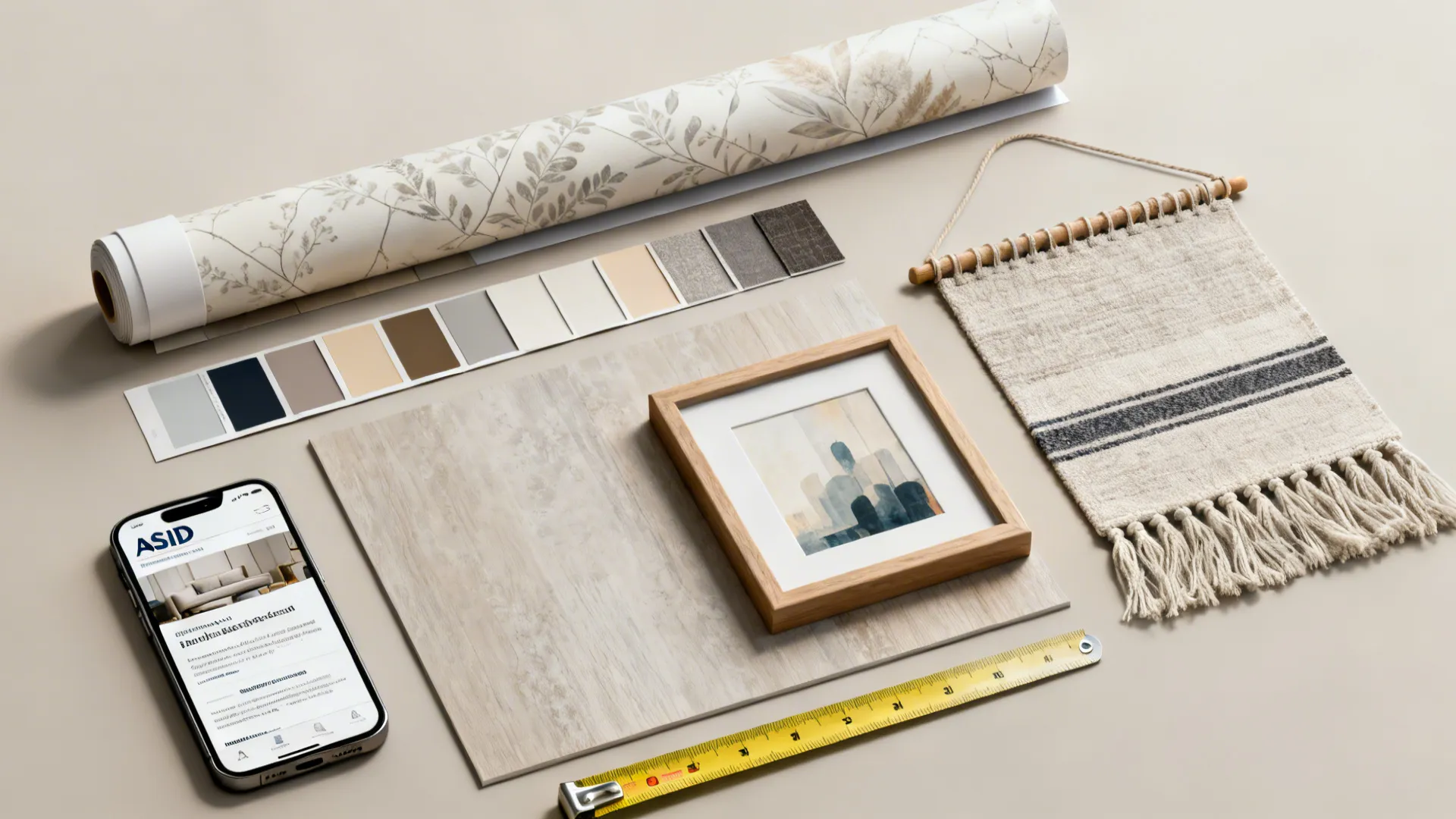Flatlay of design samples for accent walls including wallpaper swatches, paint chips, measuring tape, and a smartphone.