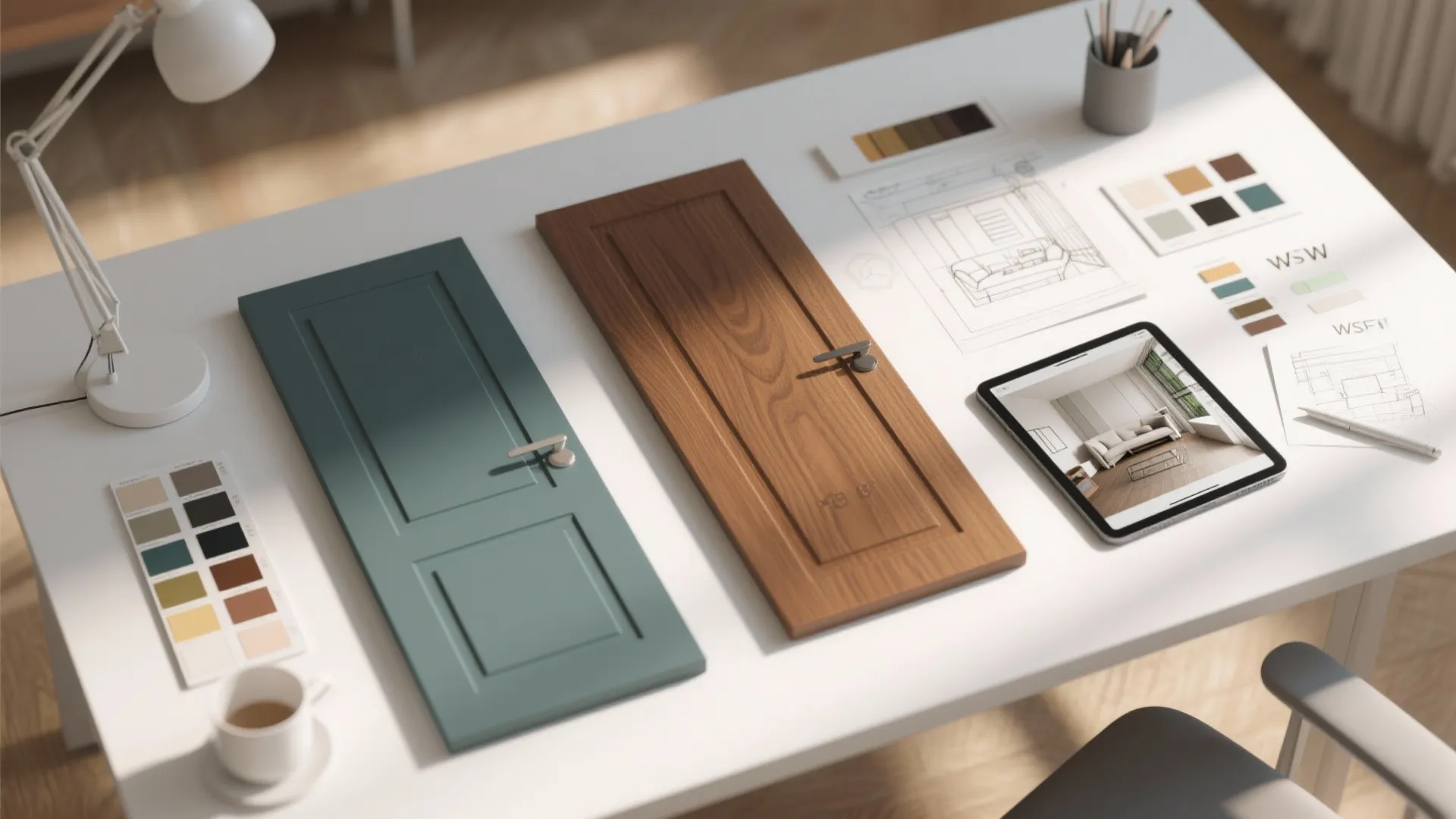Interior design work desk with cabinet door samples color swatches tablet and drawings in sunlight