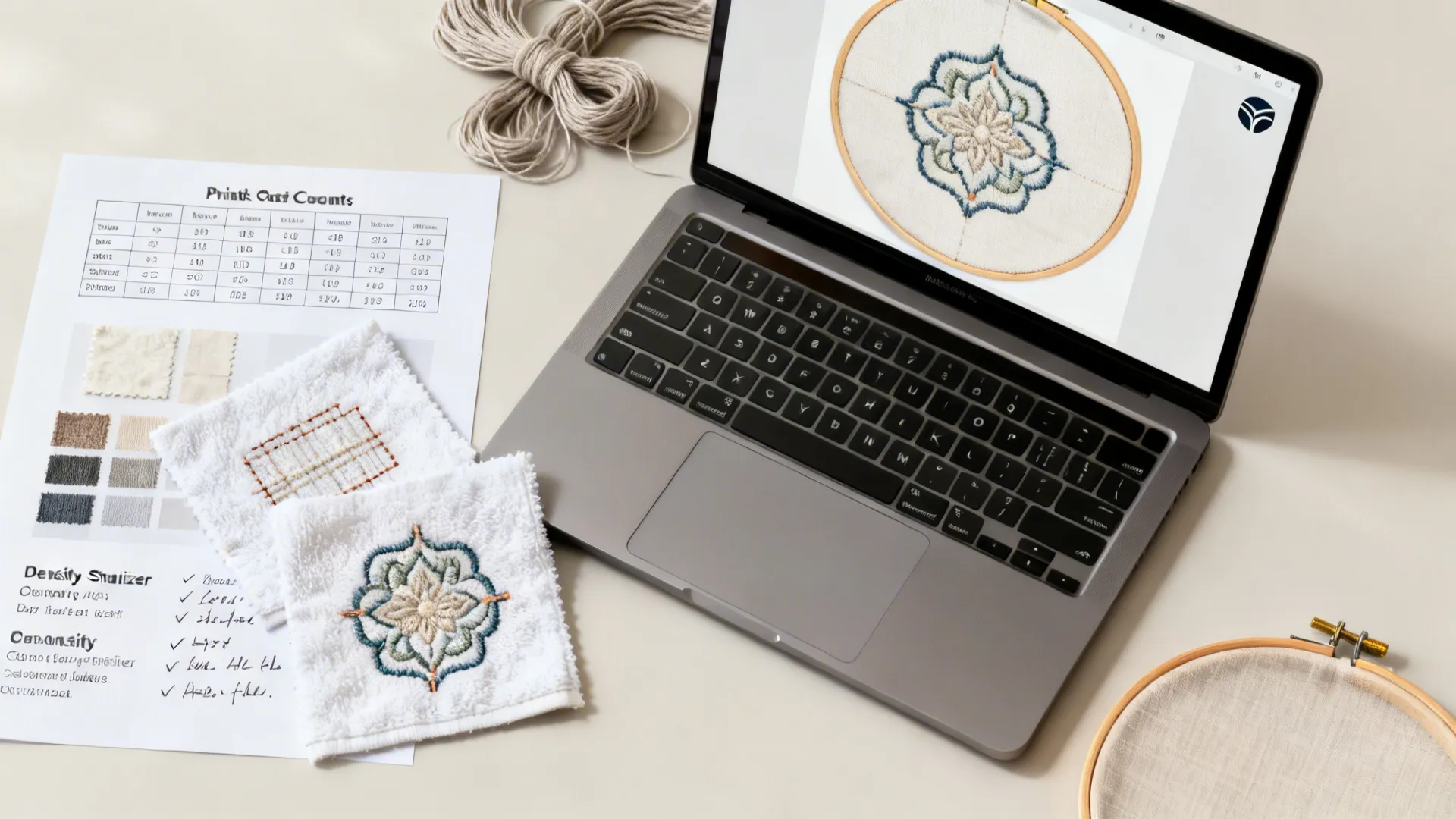 Laptop showing embroidery design next to paper instructions and finished floral pattern on white cloth