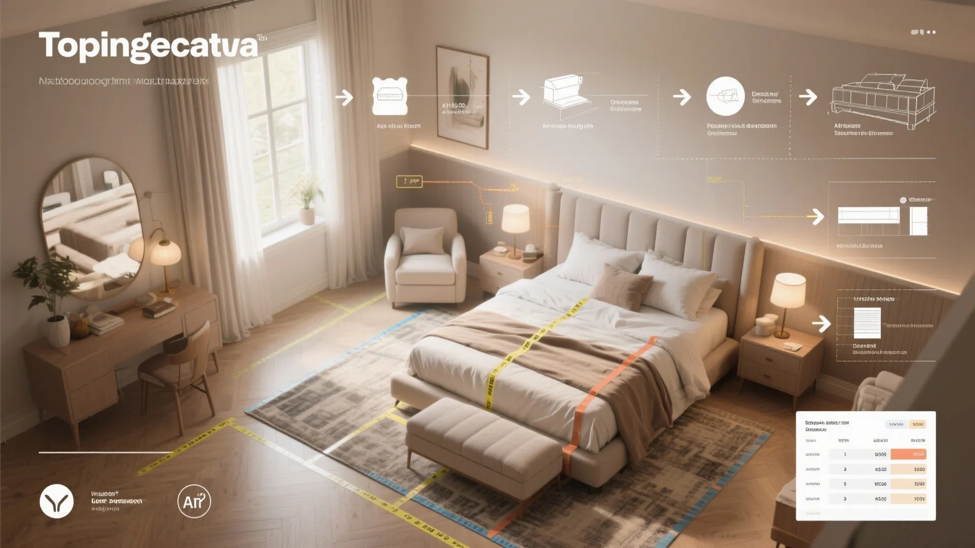 Top-down planning graphic showing zoning, rug placement, lighting layers and furniture proportions for a large bedroom.