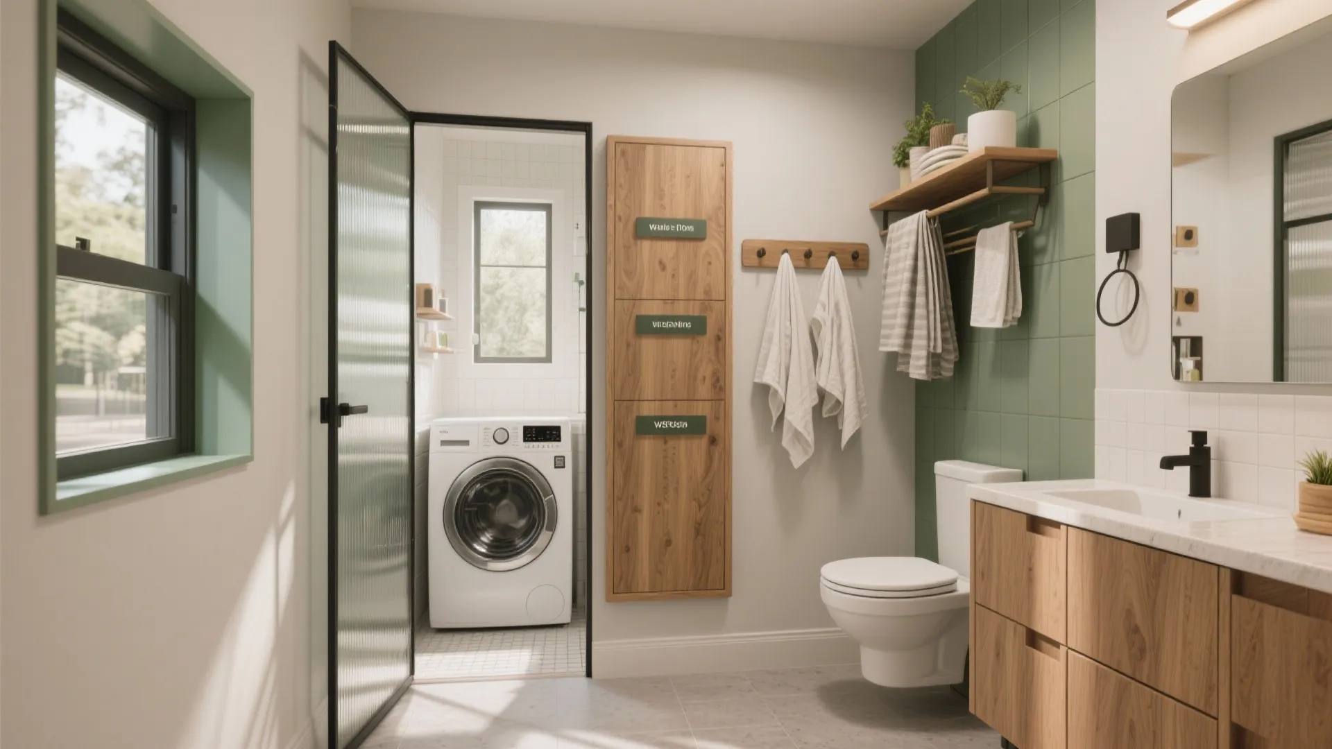Modern bathroom with green wall tiles wooden cabinet white toilet and washing machine in laundry area