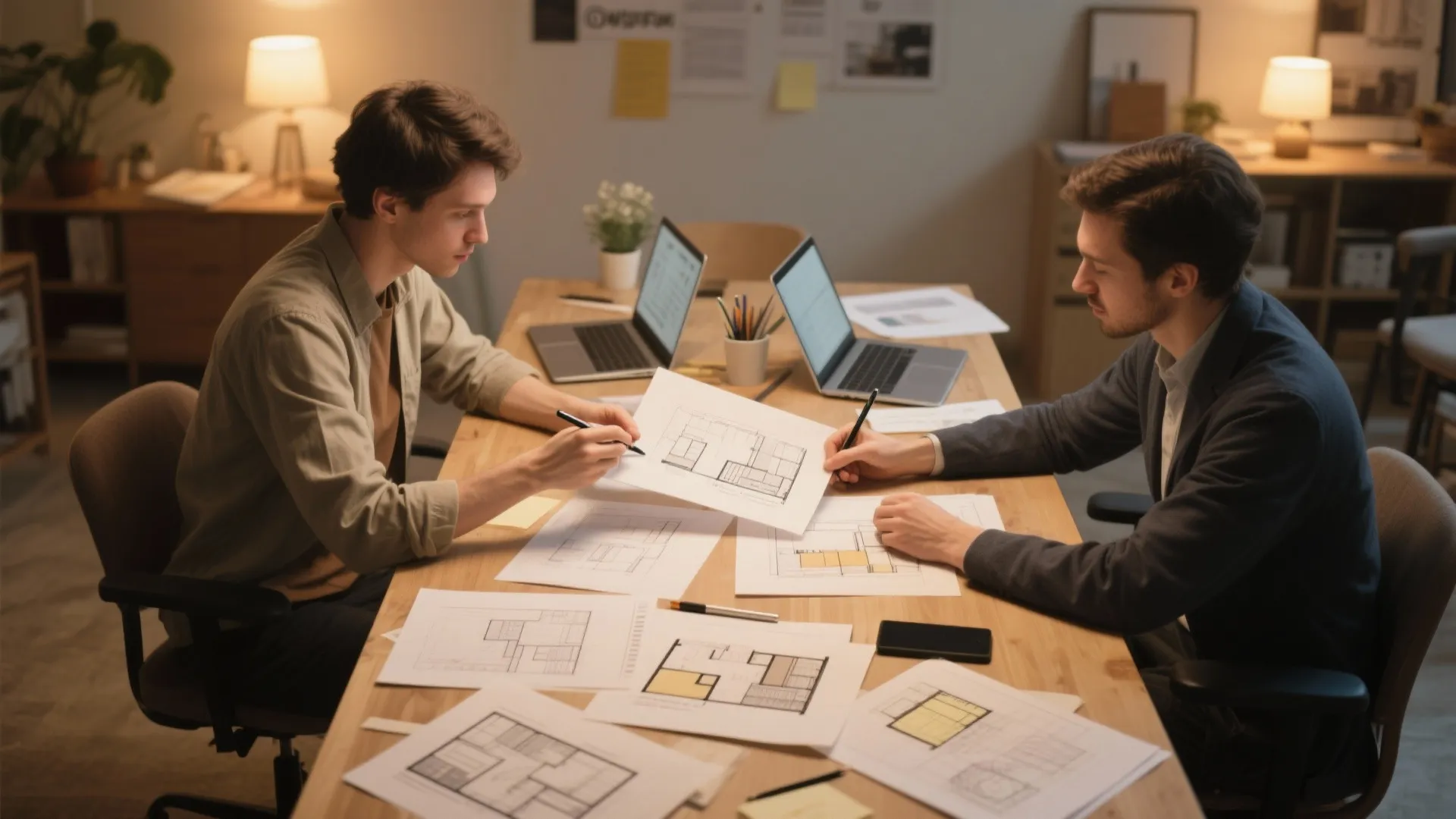 Two male designers sitting at wooden desk discussing interior design drawing and floor plan layouts