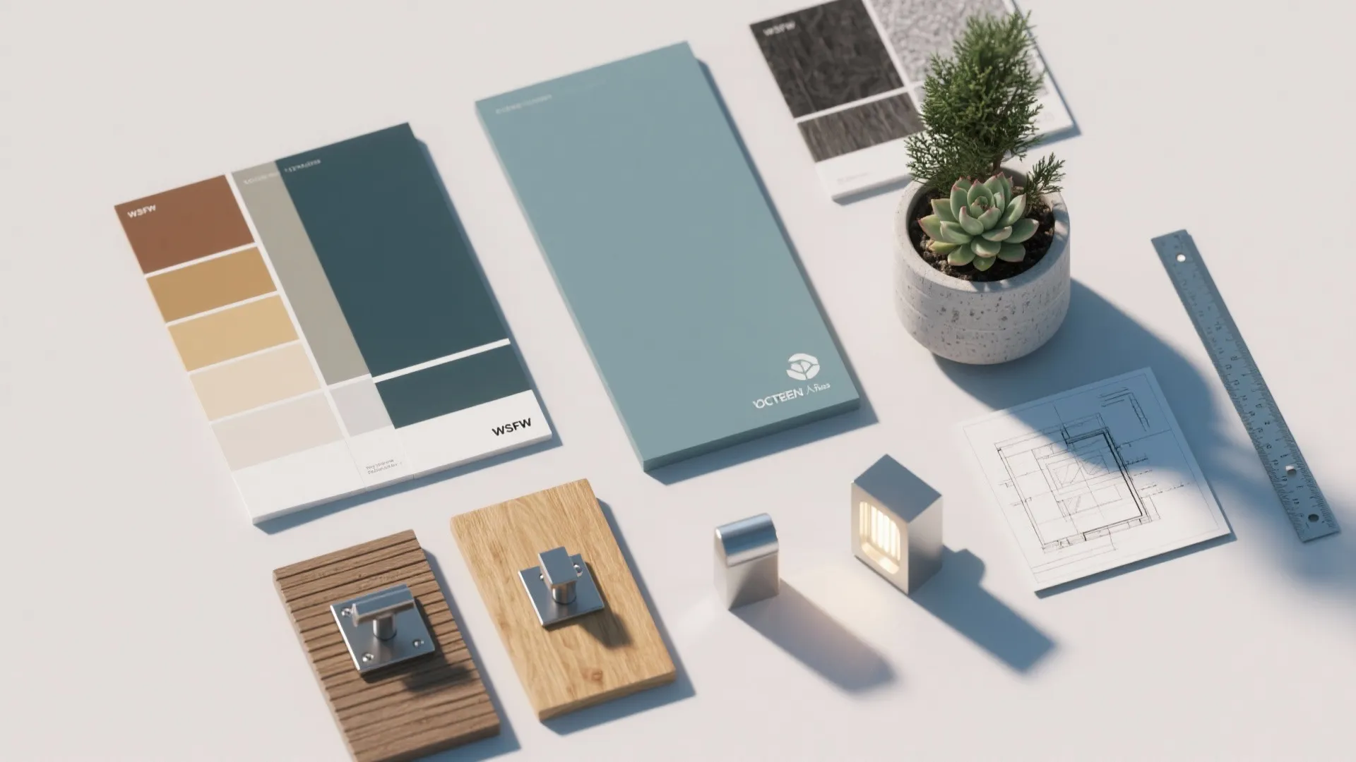 Design samples including color swatches and wood pieces with small plant and room layout drawing