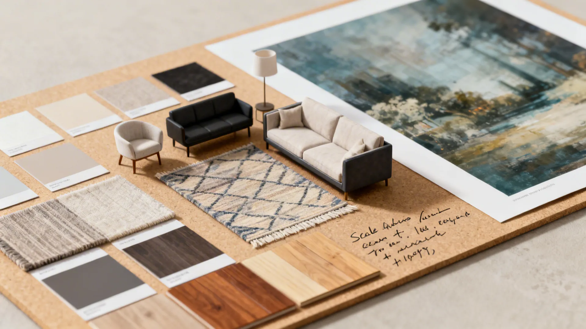 Design board with material and color samples for small living room decisions