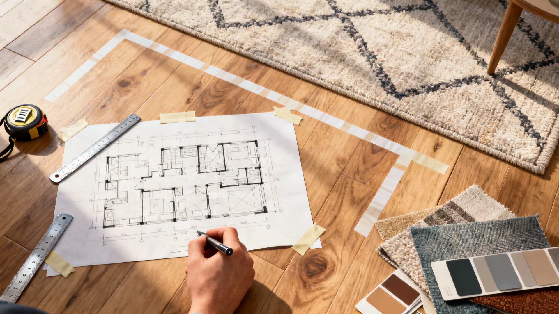 Top-down view of a floor plan sketch, rug swatches, and tape outlines used to test rug proportions.