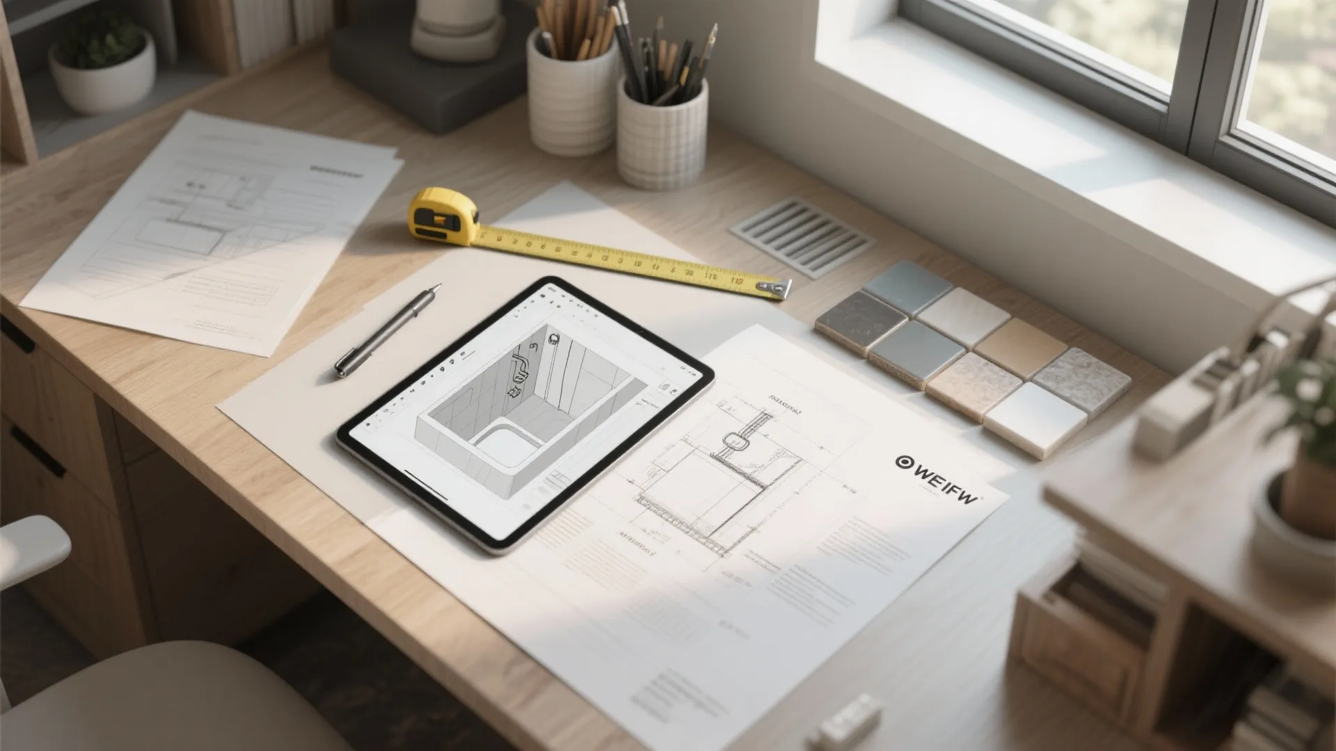 Wooden desk with tablet showing bathroom design drawing paper plans tape measure and tile samples
