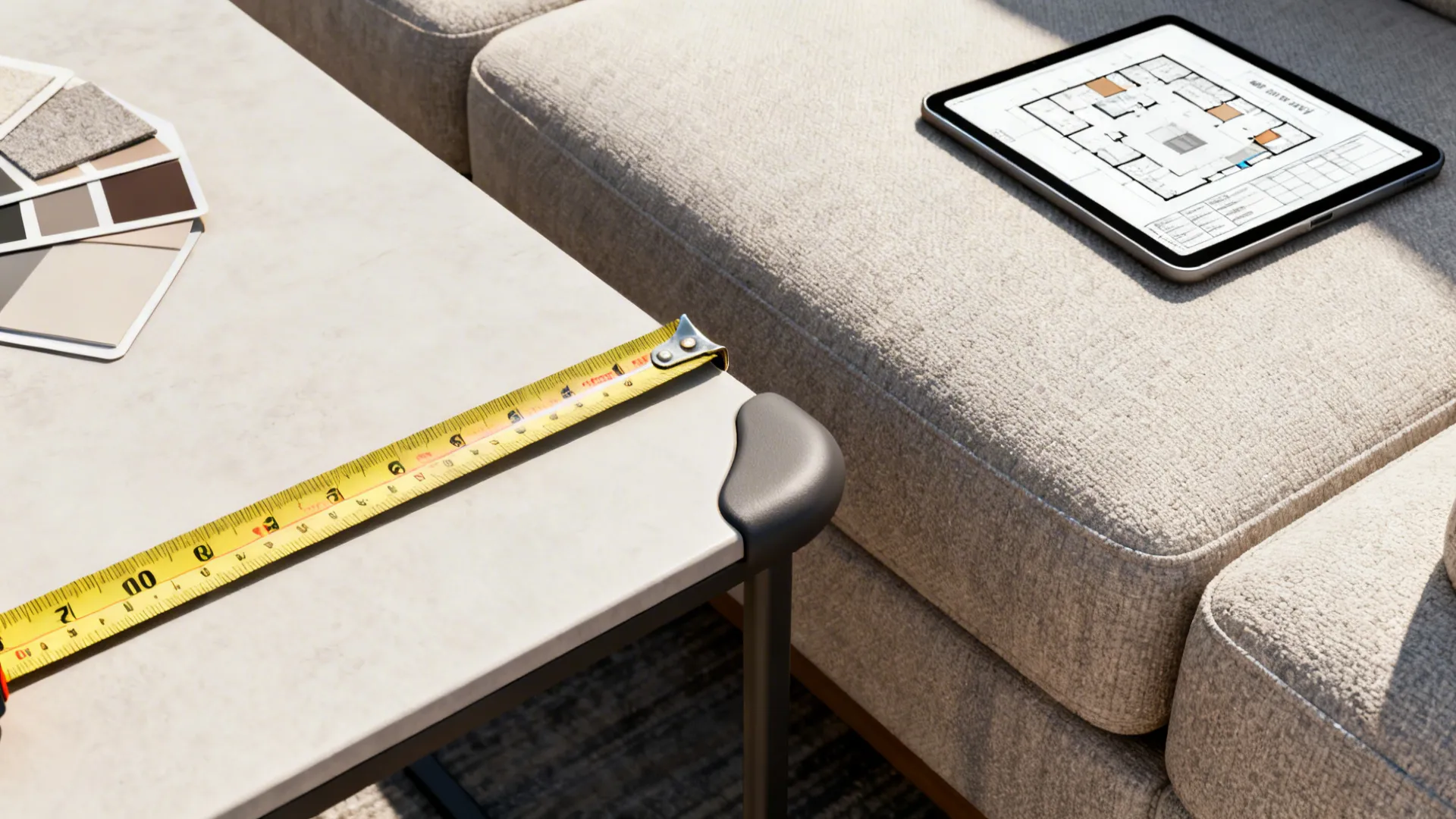 Design tools showing measurements, material swatches, and rounded table edges for practical planning