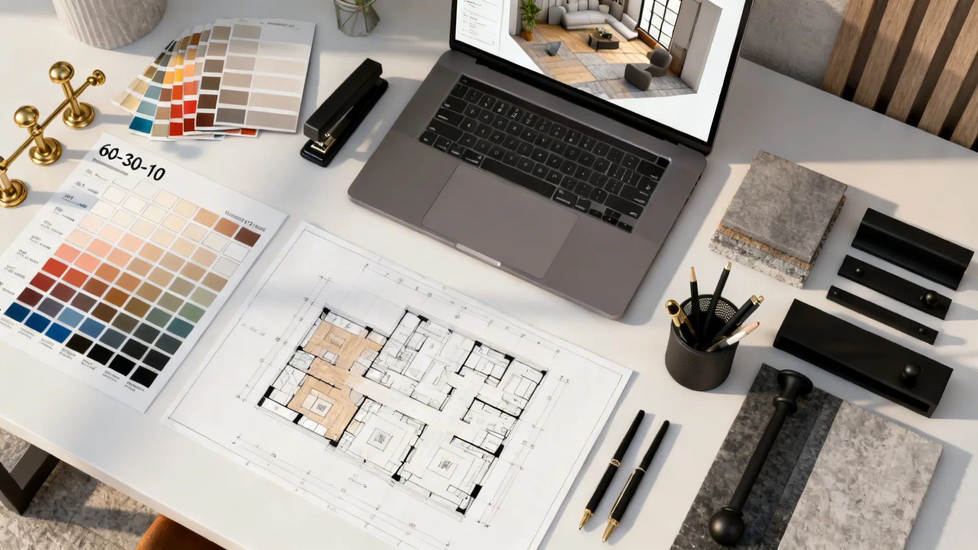 Top-down desk with paint swatches, 3D floor plan on laptop and hardware samples illustrating color planning tips.
