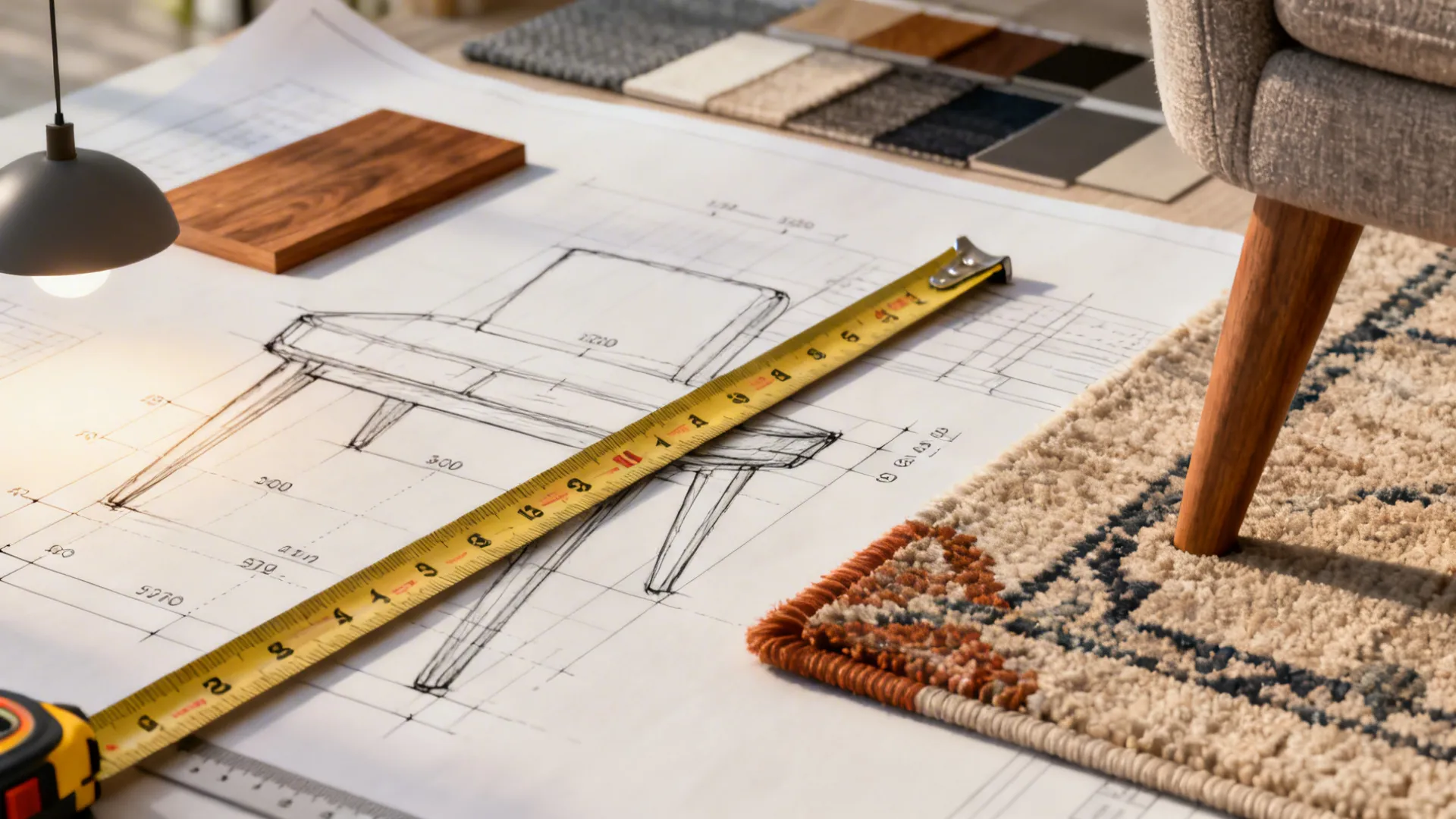 Close-up of tape measure, scaled sketch, rug corner and material swatches illustrating layout tips