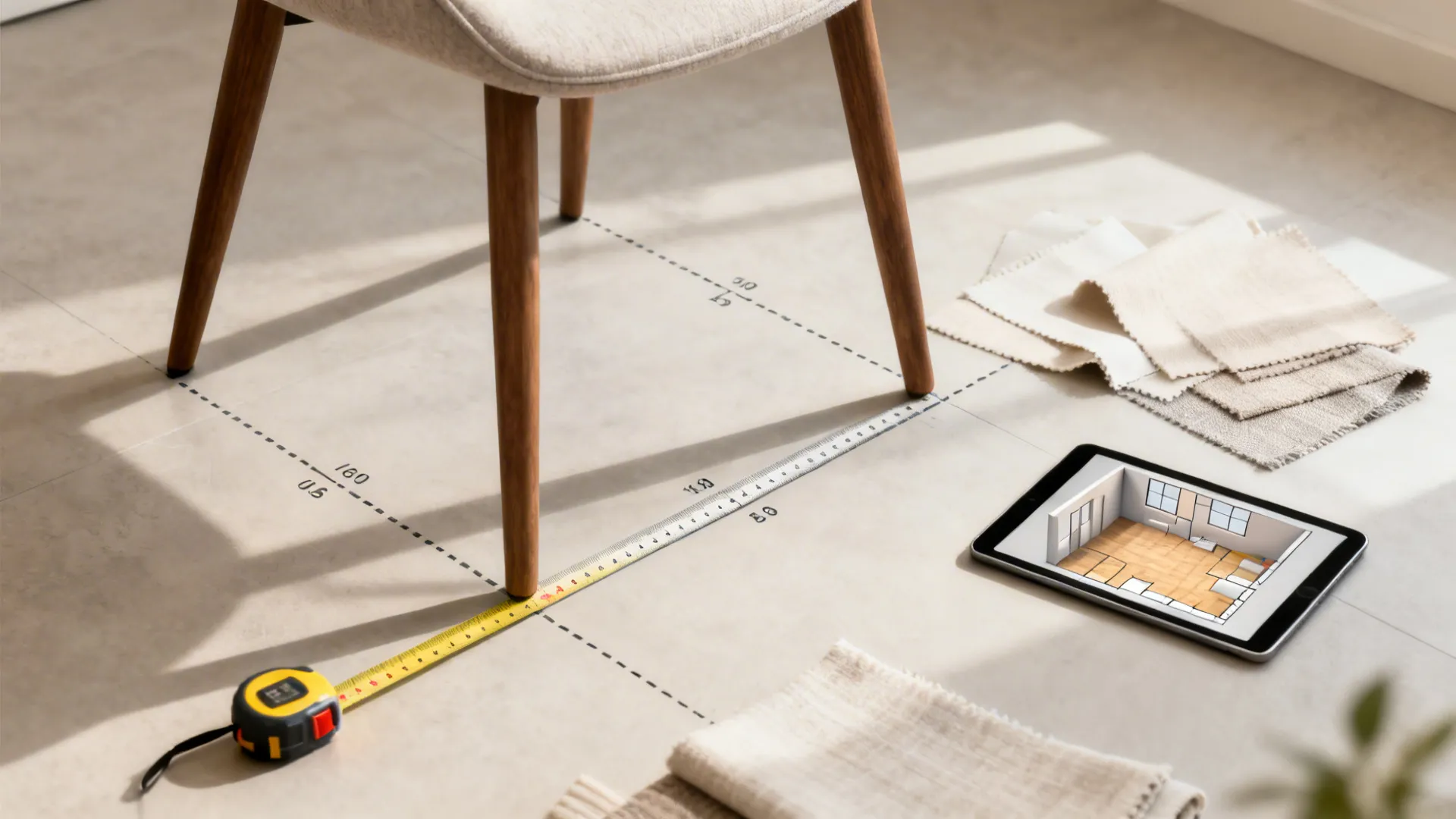 Design details showing exposed legs, fabric swatches, tape measure, and a 3D room planner on a tablet.
