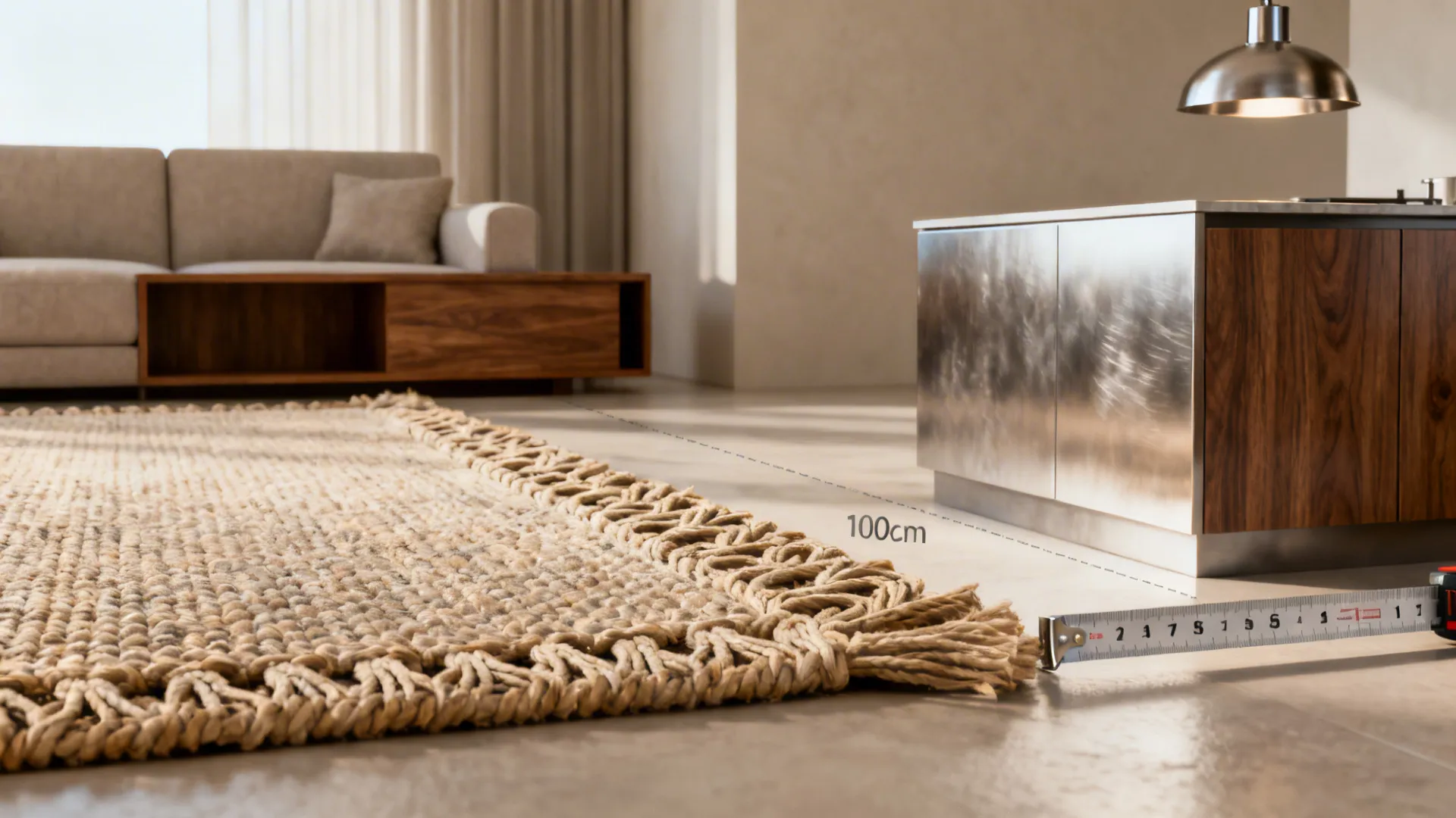 Close-up of pendant light, rug, console and a tape measure indicating clearance.