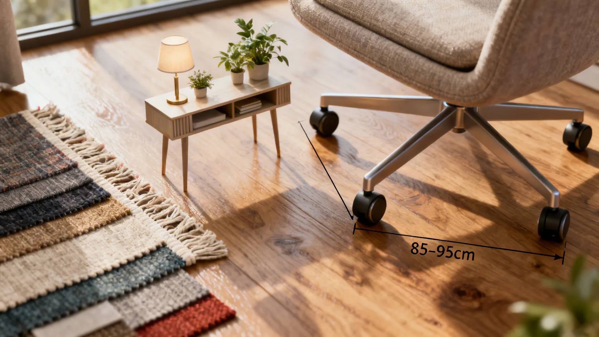 Detail shots of console, rug edge, fabric swatches and a measuring tape illustrating small-room design tips.