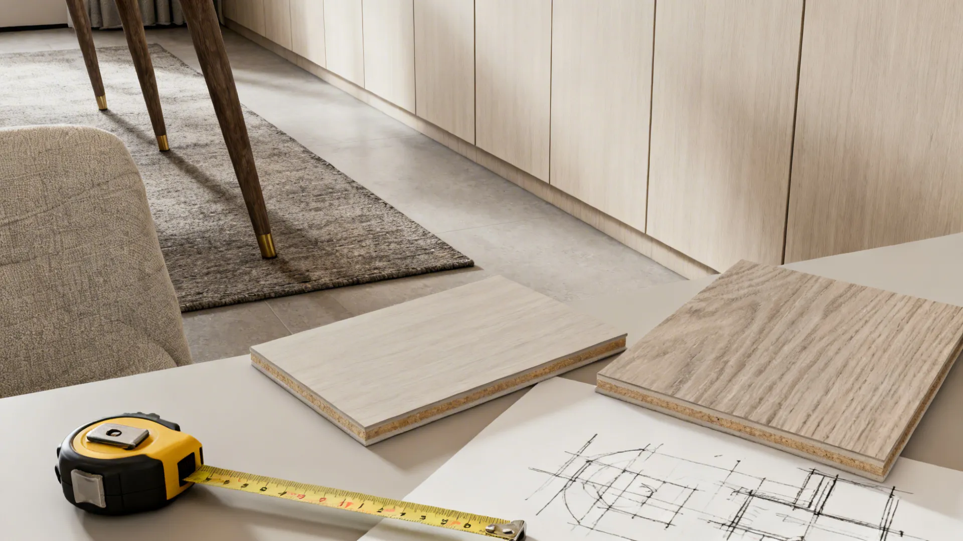 Close-up of design details: exposed-leg furniture, narrow rug, measuring tape and sketch for planning narrow rooms