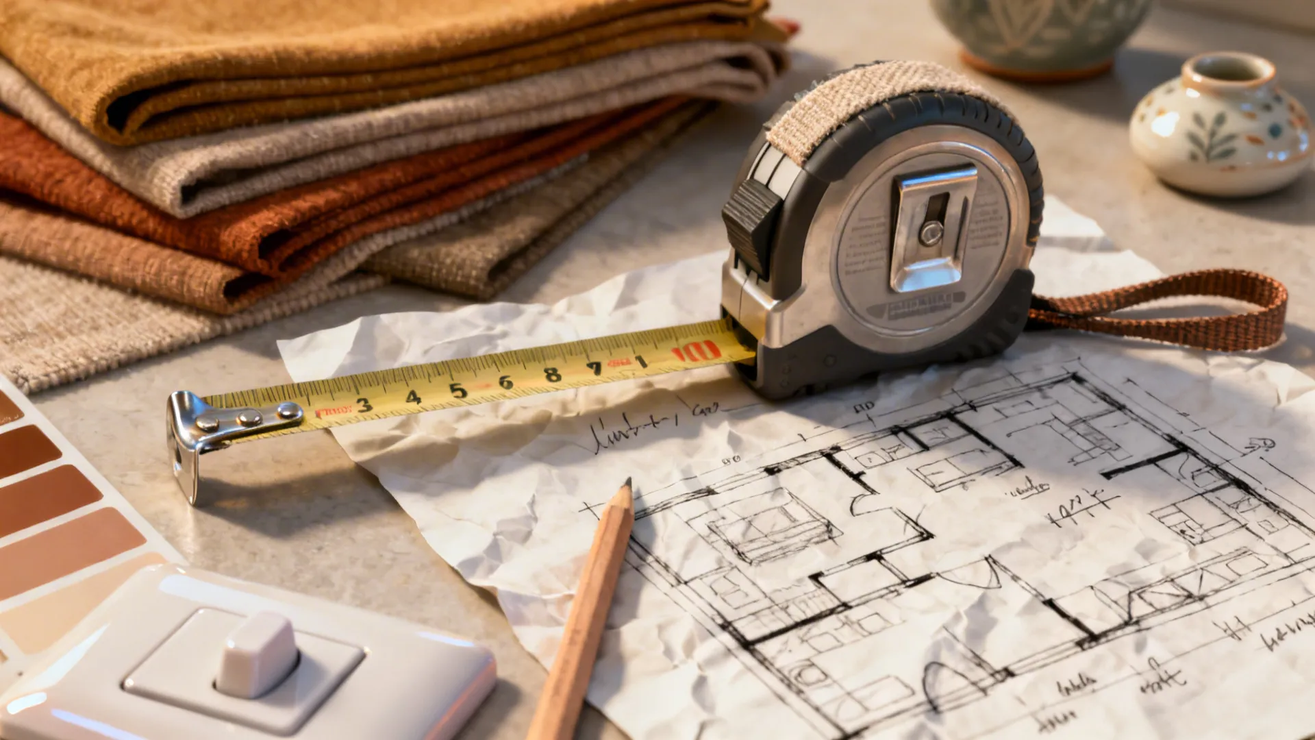 Design tools and samples: tape measure, floor plan sketch and fabric swatches for small living room planning