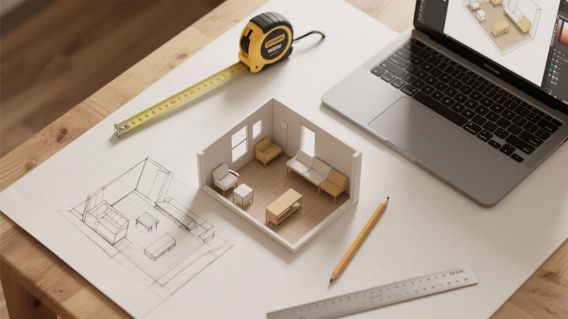 Small 3D room model on paper with laptop pencil ruler and yellow tape measure nearby