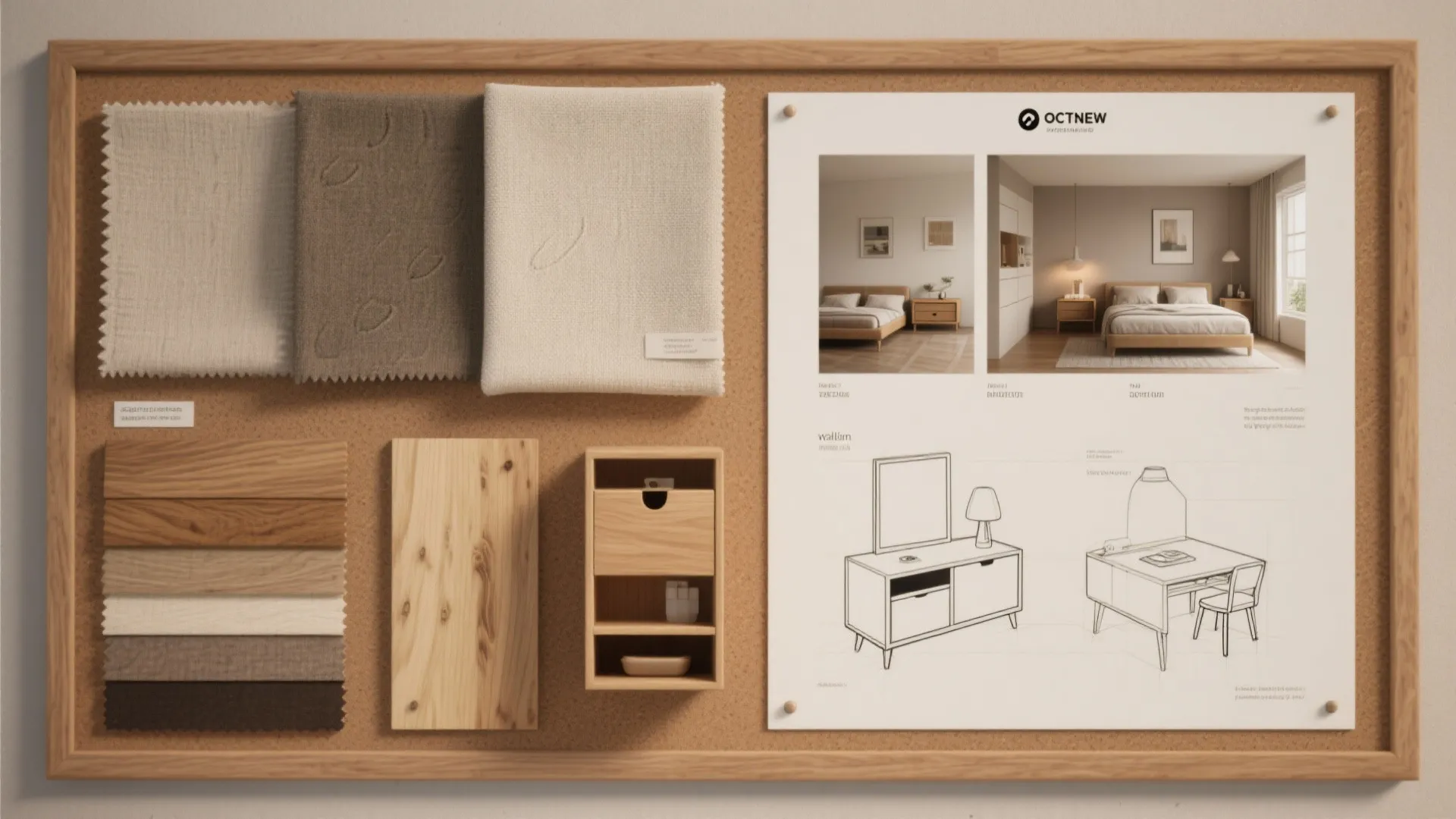 Moodboard flatlay with fabric swatches, wood samples and multifunction furniture sketches for small-space design.