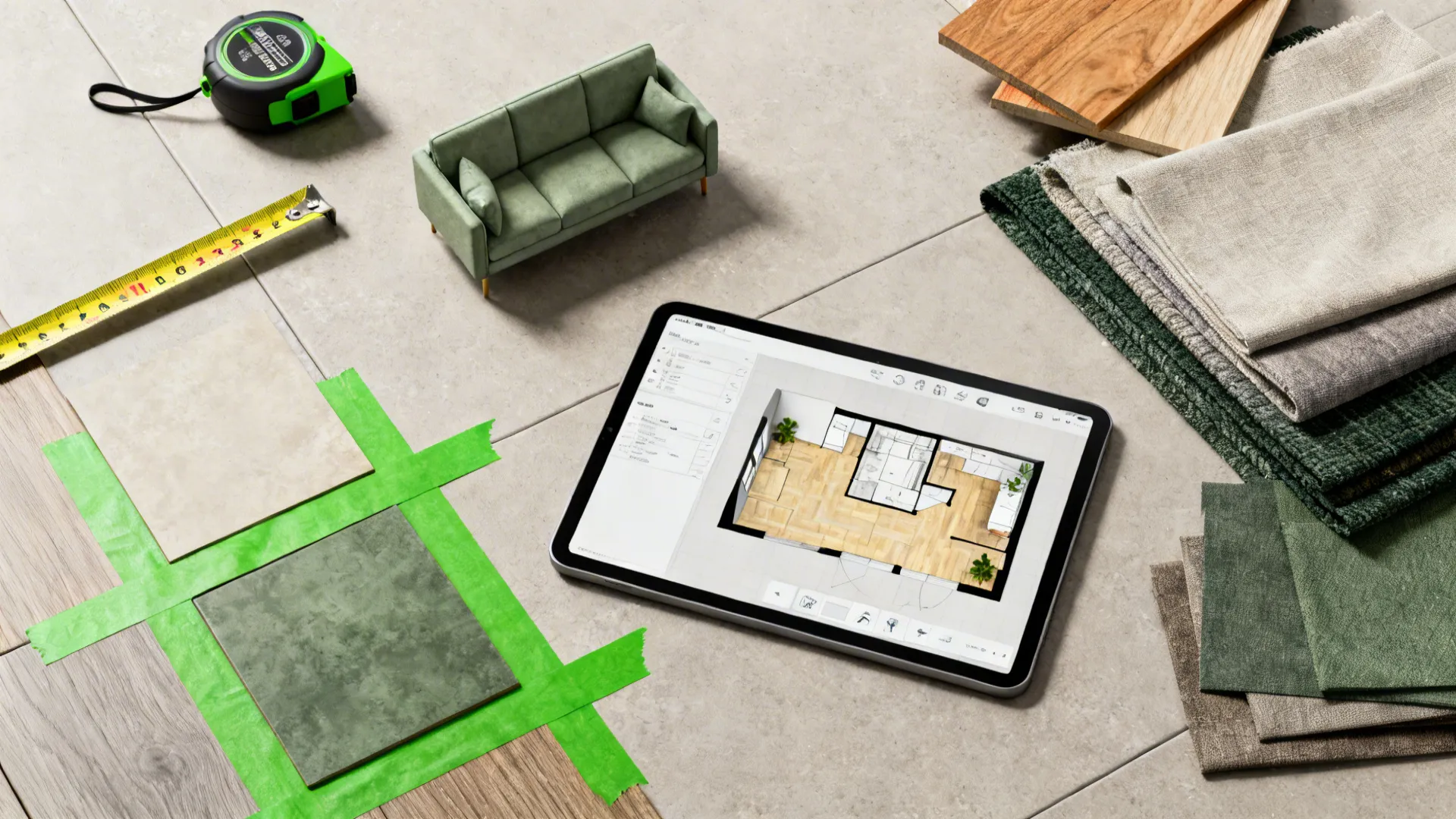 Top-down flatlay of measuring tools, painter's tape, fabric swatches and a tablet floor planner