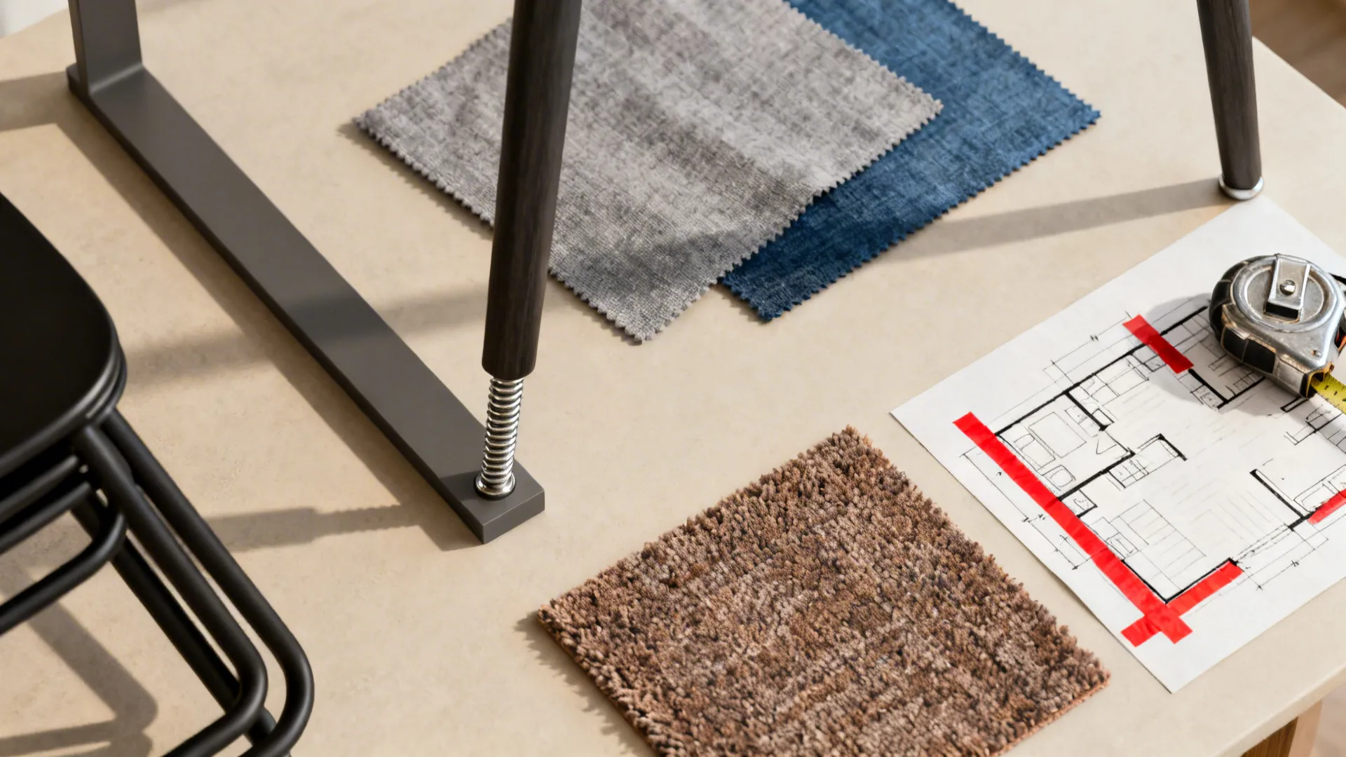 Flatlay of fabric swatches, adjustable table leg, rug sample, and floor-plan sketch for classroom planning.
